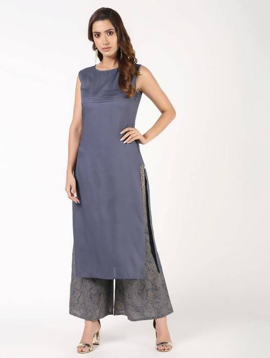 Aniyah Rayon Solid Pintucks Grey Kurta With Gold Print Palazzo Set (AN-153K)