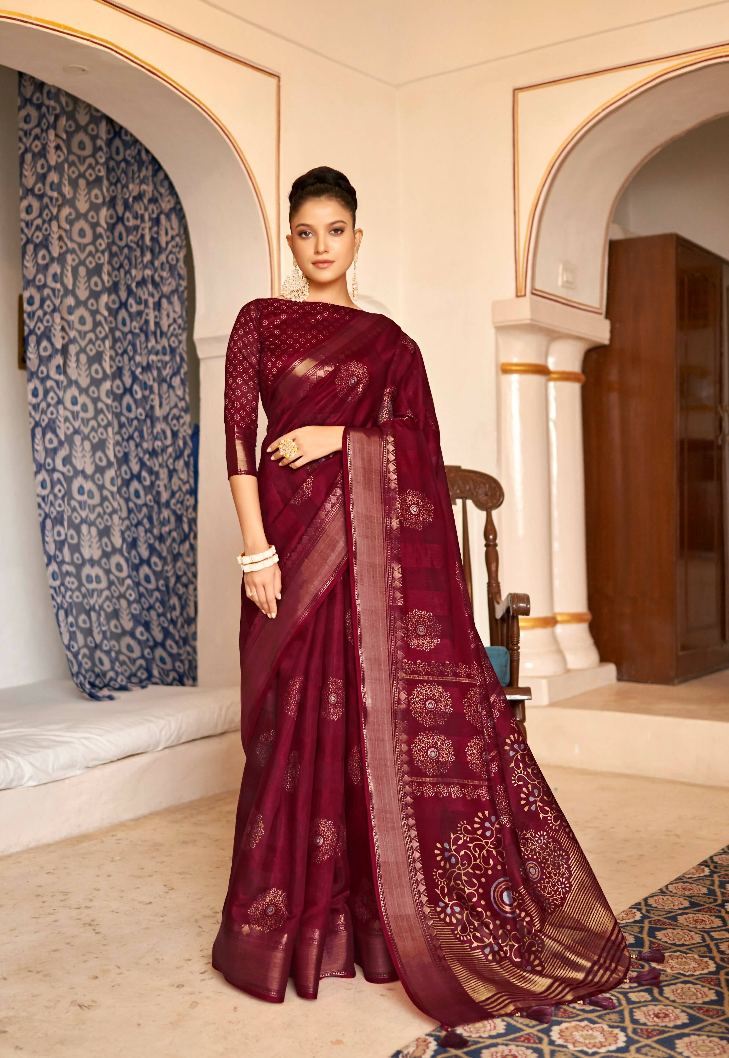 Maroon Patta Poly Cotton Floral Printed Saree With Unstitched Blouse Piece - Shades - Distacart