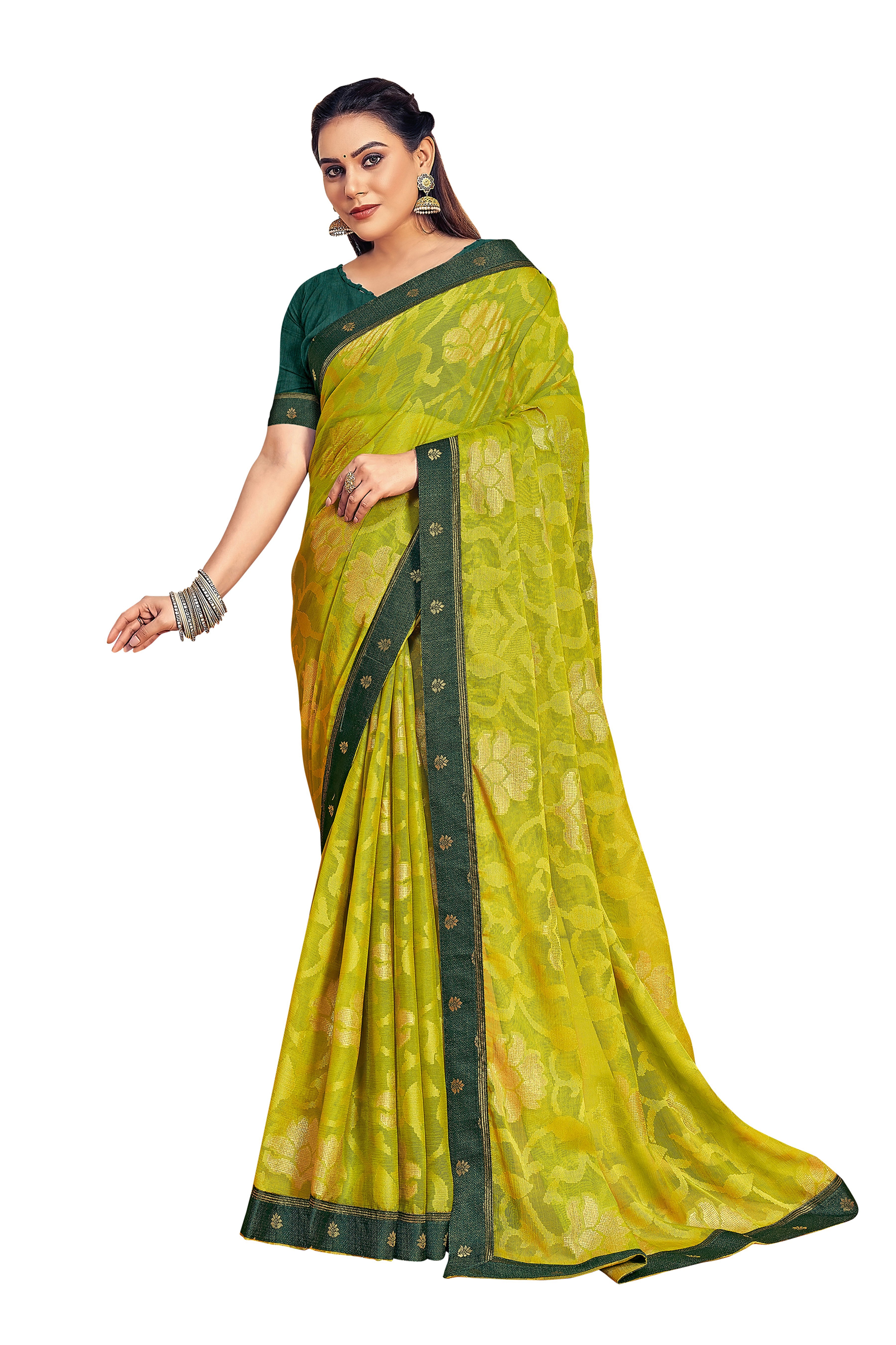 Vamika Light Green Designer Chiffon Brasso Saree With Exclusive Banarasi Lace - Distacart