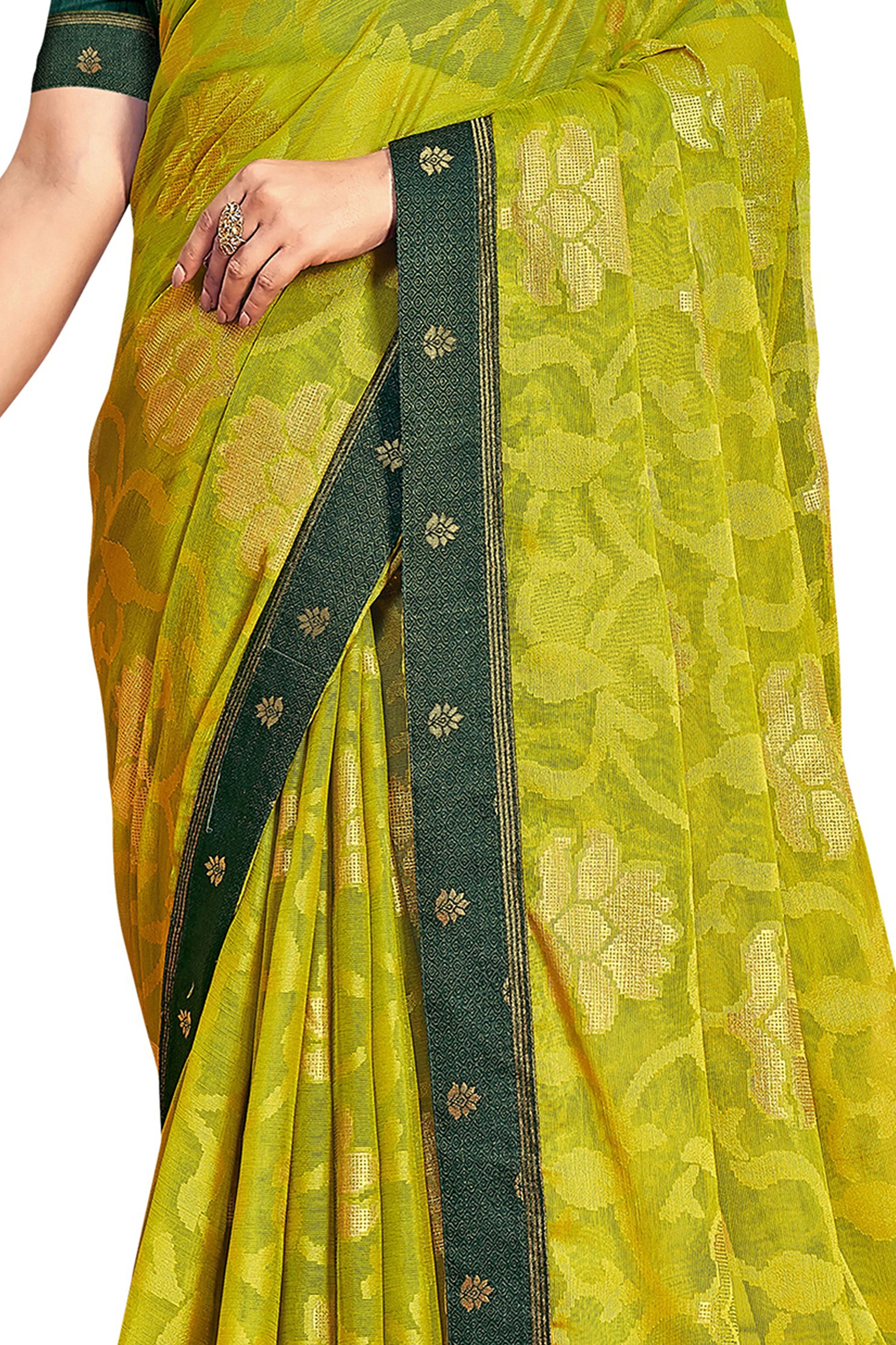 Vamika Light Green Designer Chiffon Brasso Saree With Exclusive Banarasi Lace - Distacart