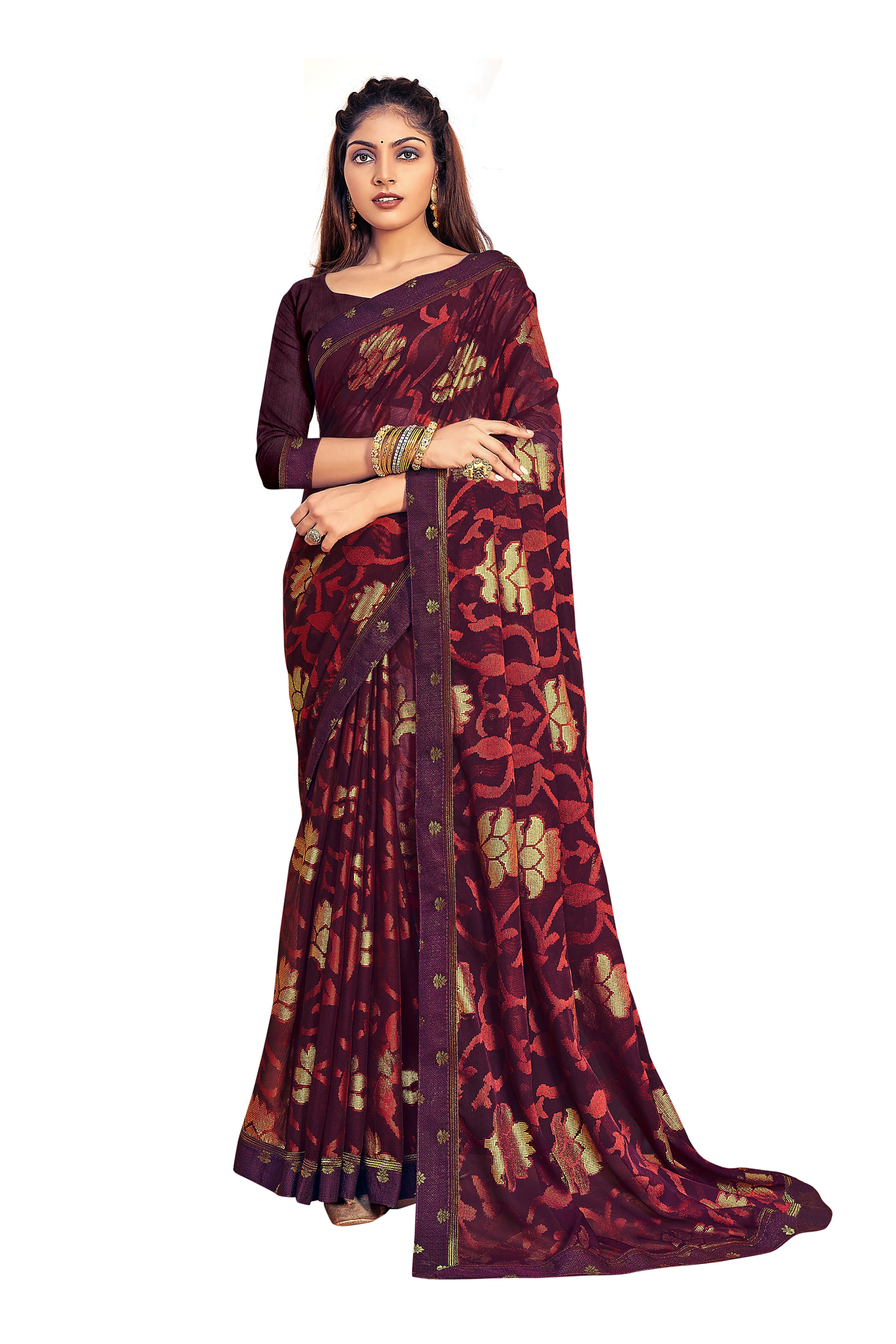 Vamika Whine Designer Chiffon Brasso Saree With Exclusive Banarasi Lace - Distacart