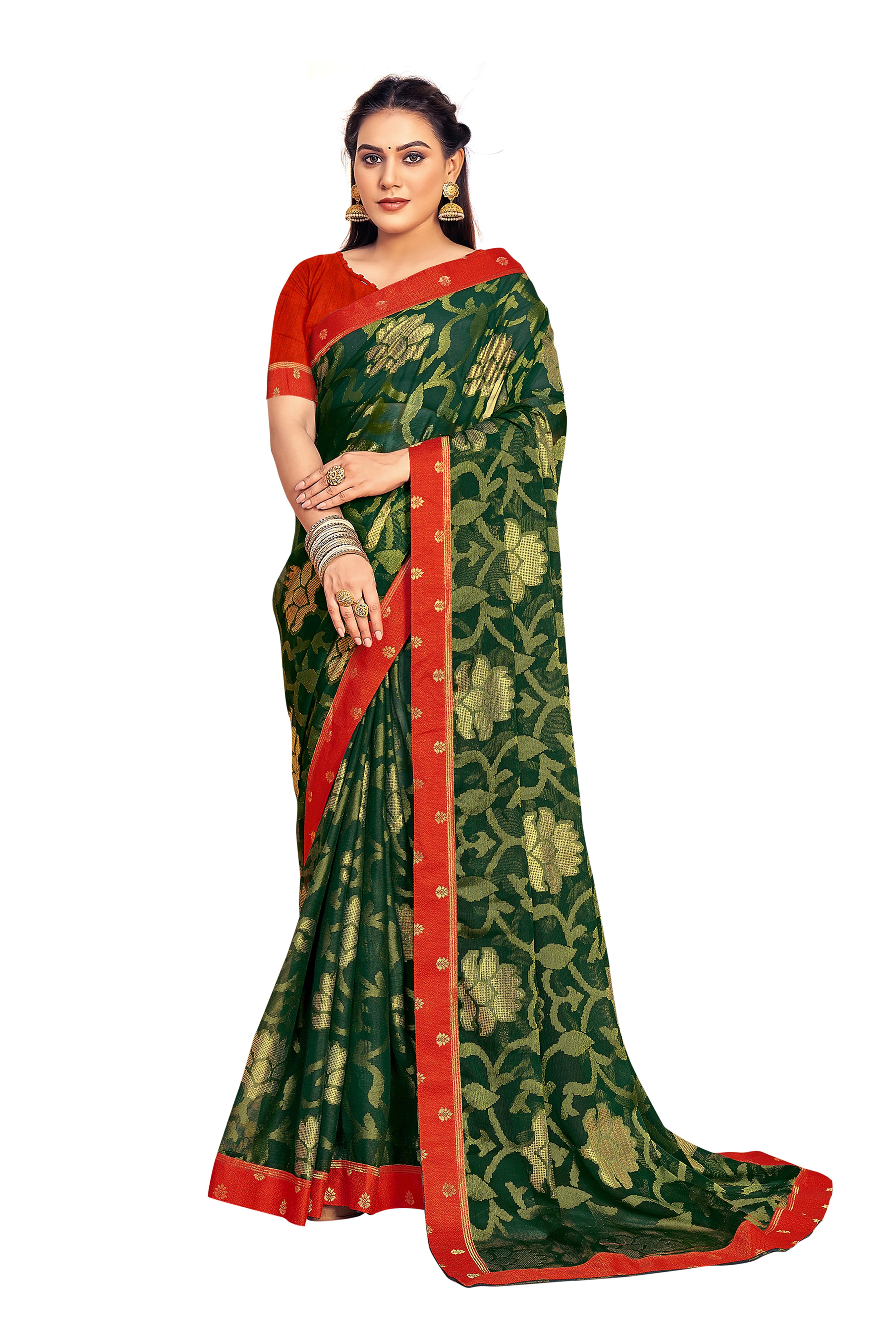 Vamika Dark Green Designer Chiffon Brasso Saree With Exclusive Banarasi Lace - Distacart