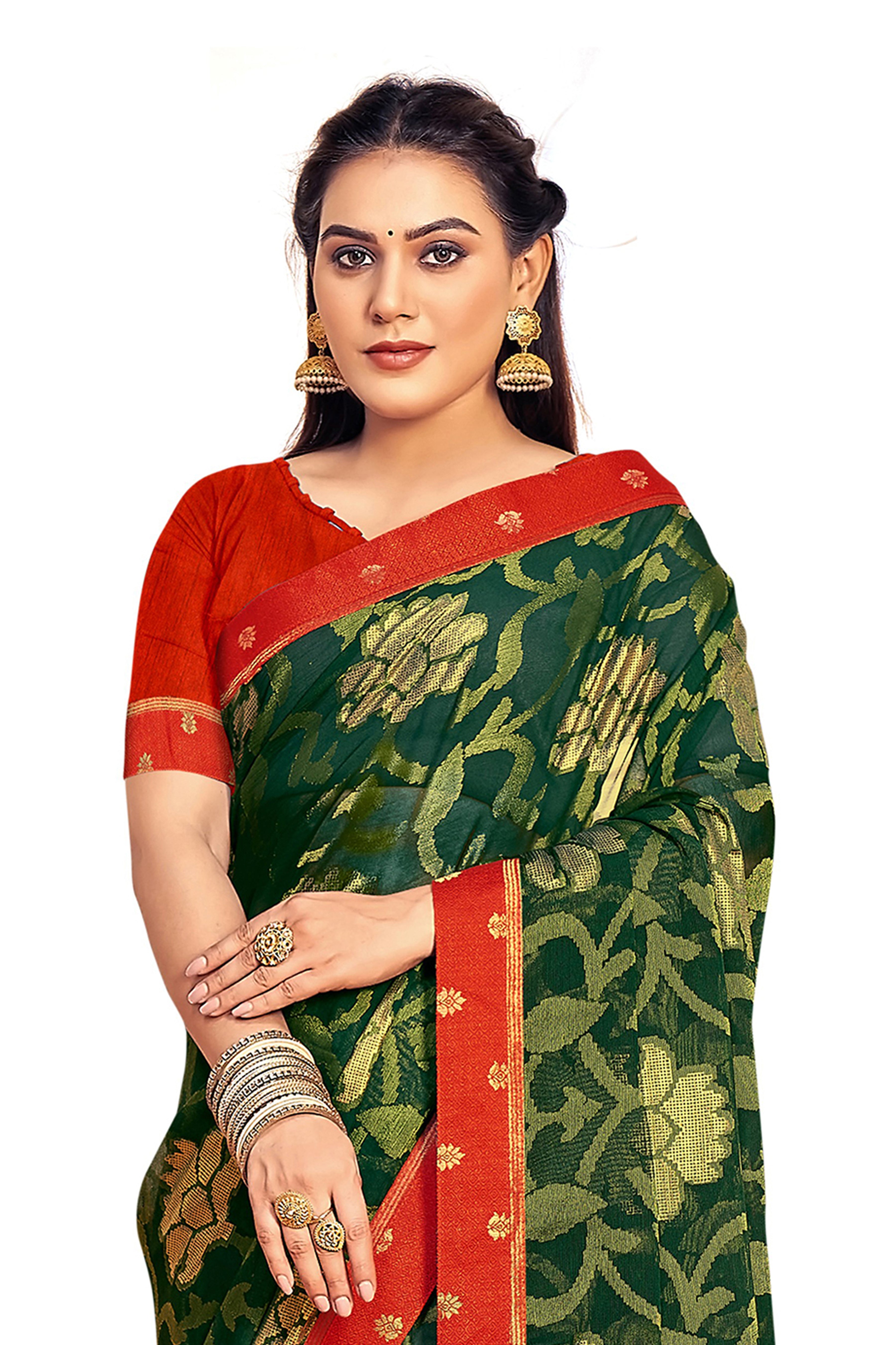Vamika Dark Green Designer Chiffon Brasso Saree With Exclusive Banarasi Lace - Distacart