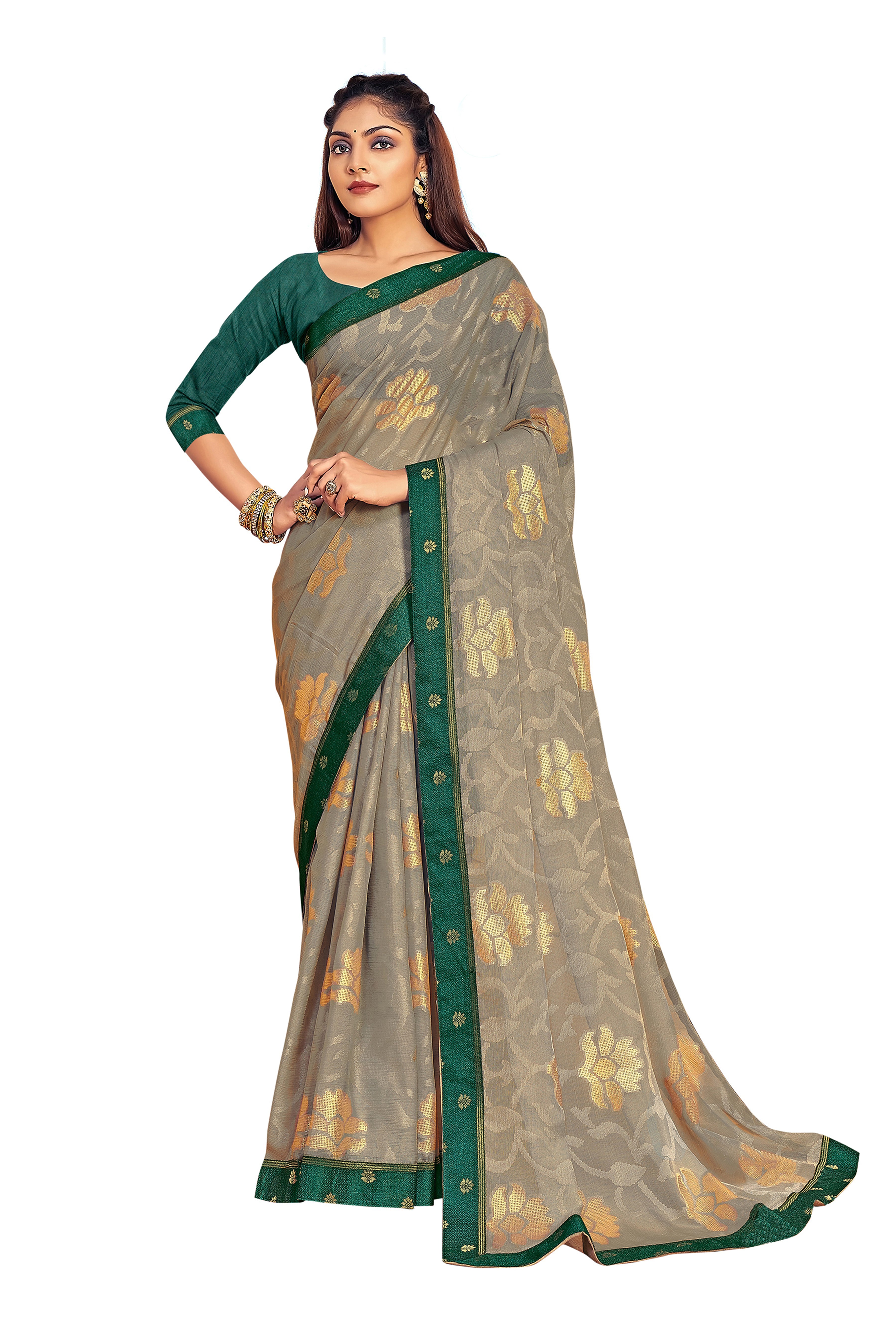 Vamika Grey Designer Chiffon Brasso Saree With Exclusive Banarasi Lace - Distacart