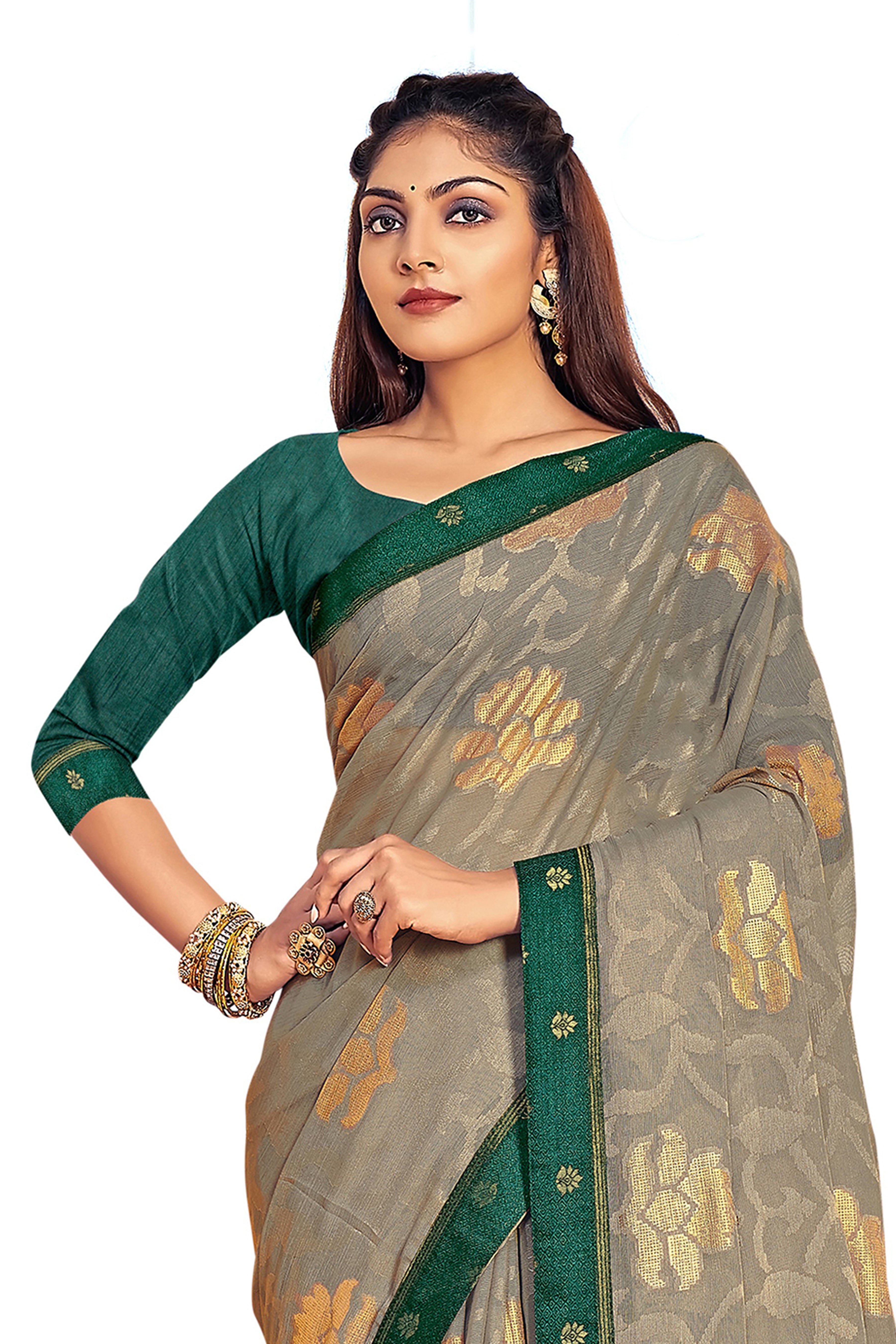 Vamika Grey Designer Chiffon Brasso Saree With Exclusive Banarasi Lace - Distacart