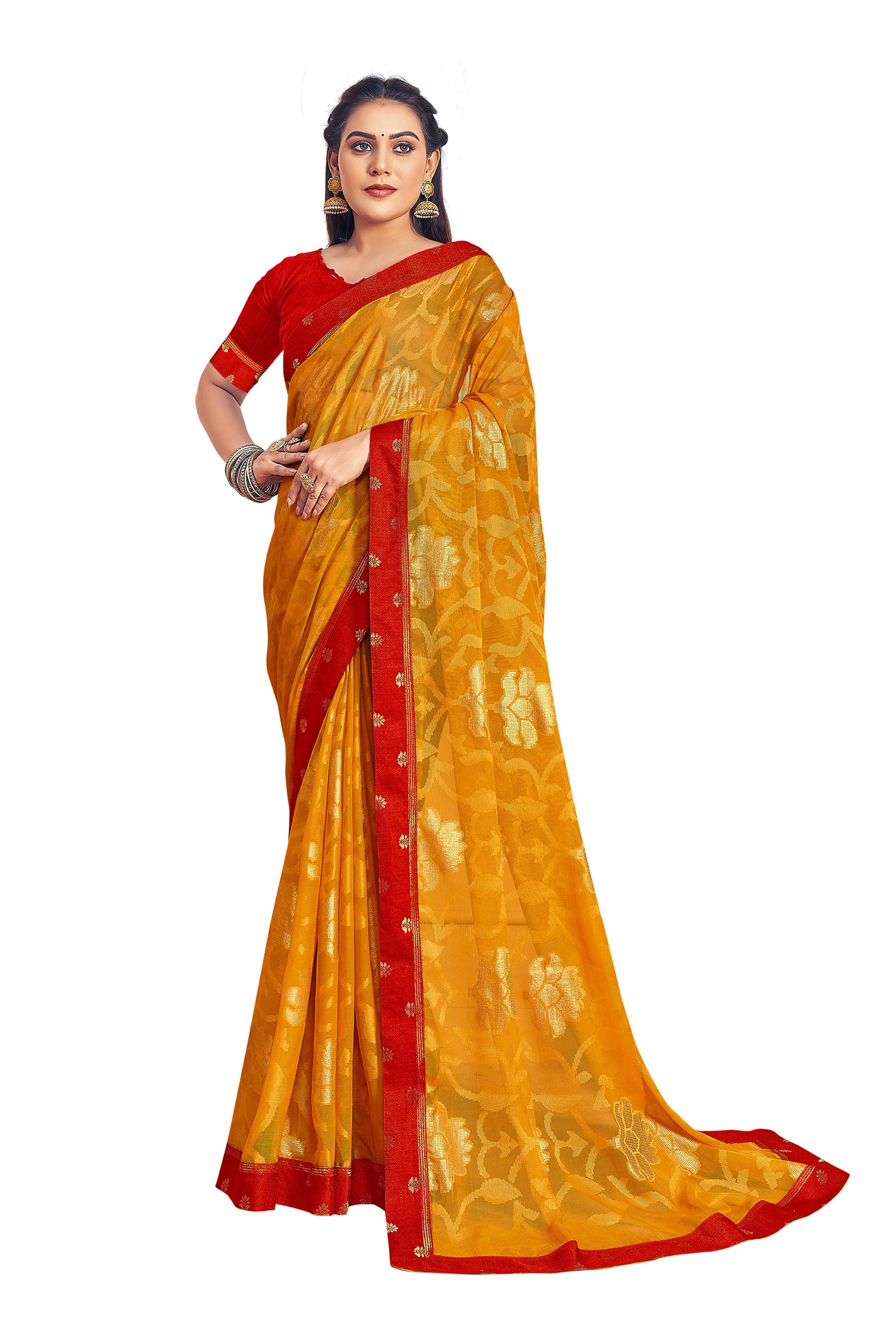 Vamika Yellow Designer Chiffon Brasso Saree With Exclusive Banarasi Lace - Distacart