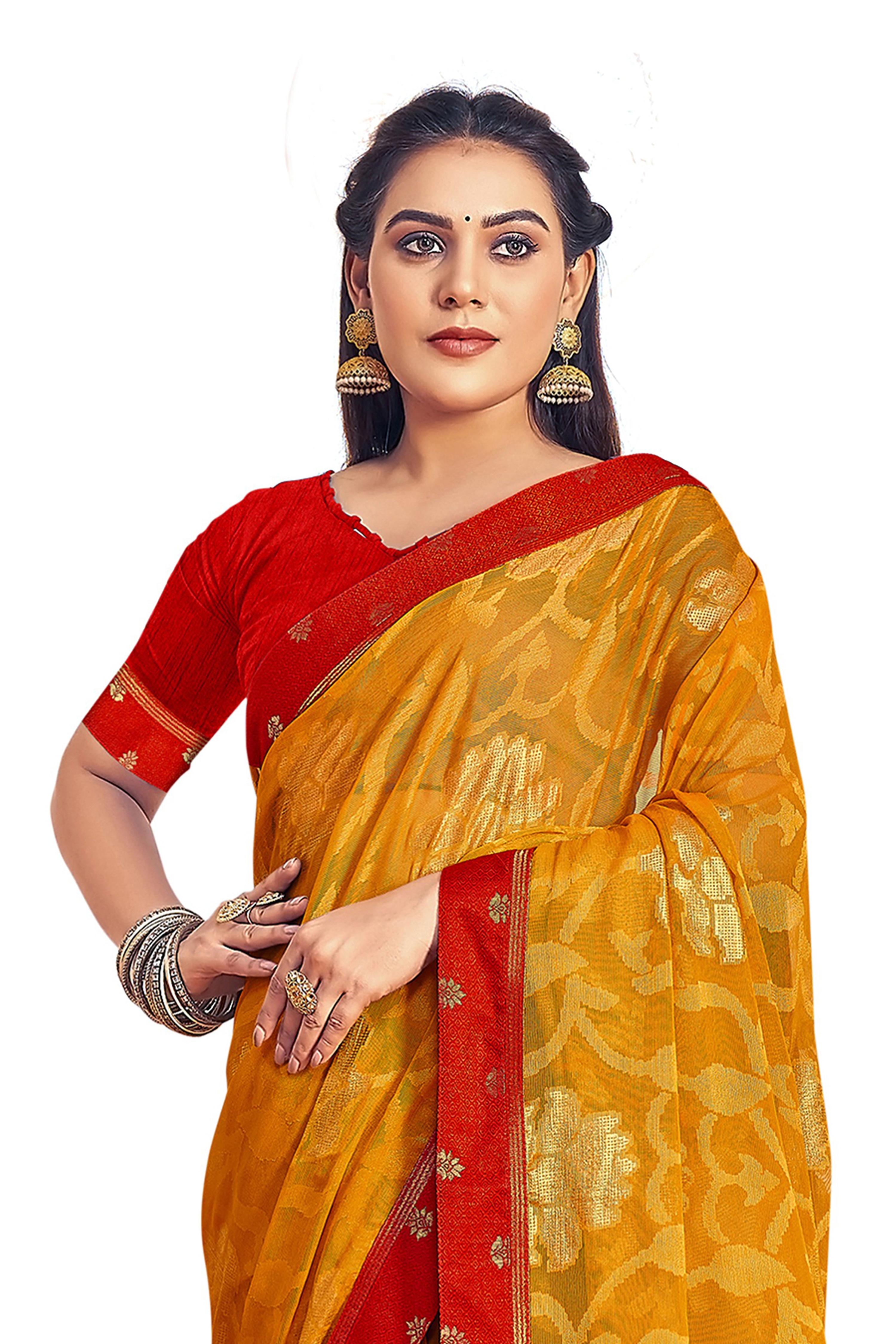 Vamika Yellow Designer Chiffon Brasso Saree With Exclusive Banarasi Lace - Distacart