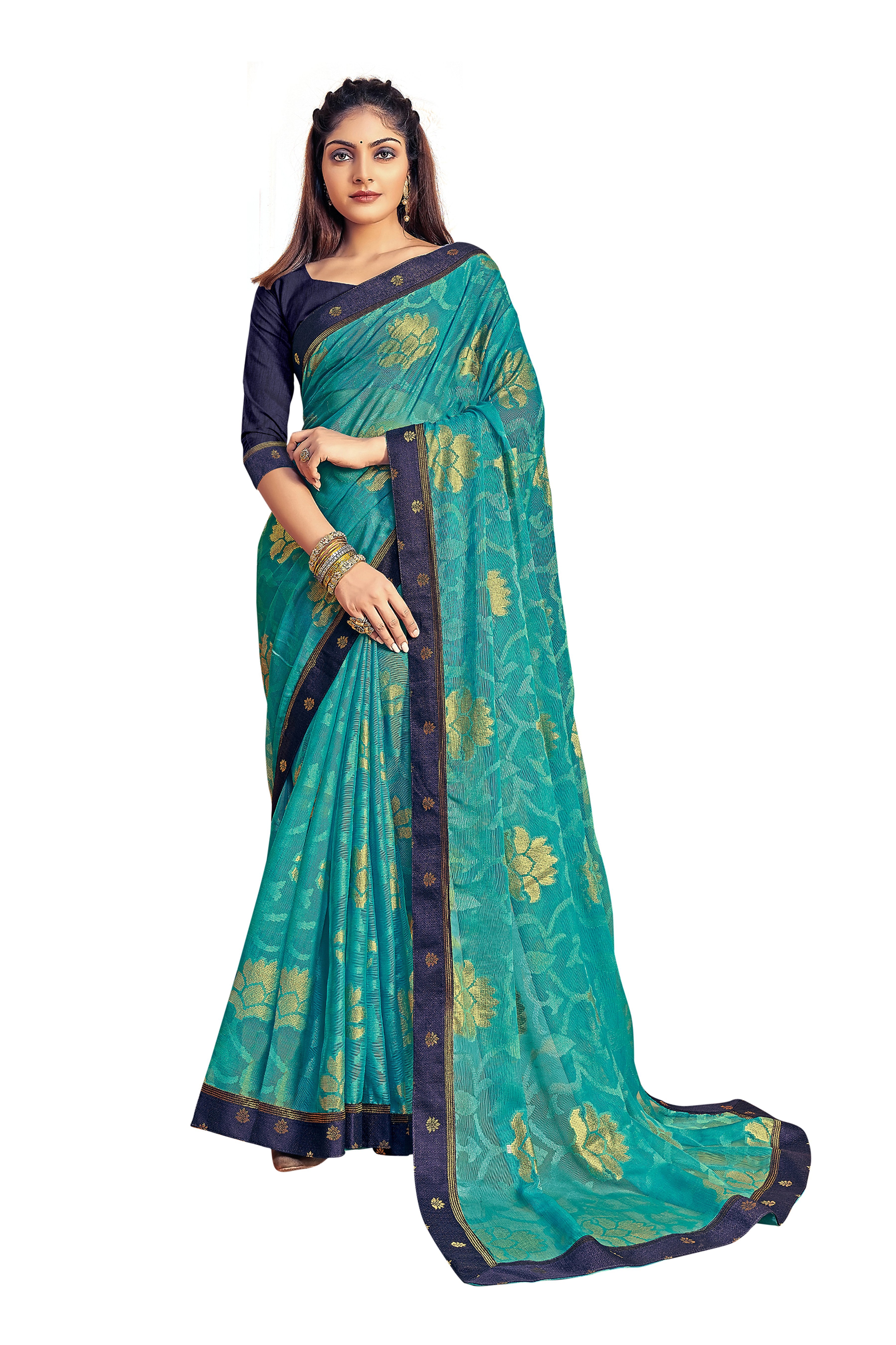 Vamika Rama Green Designer Chiffon Brasso Saree With Exclusive Banarasi Lace - Distacart