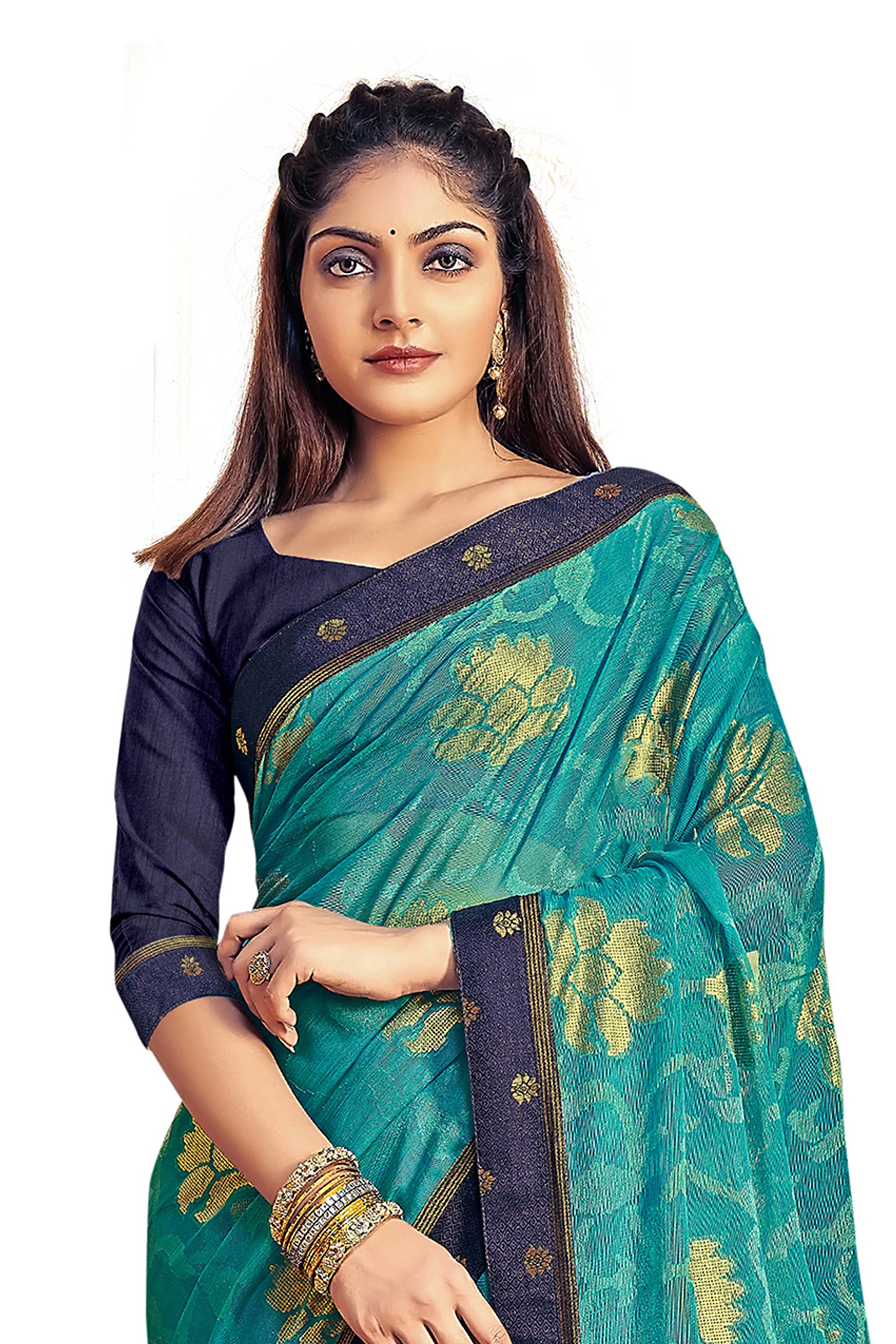 Vamika Rama Green Designer Chiffon Brasso Saree With Exclusive Banarasi Lace - Distacart