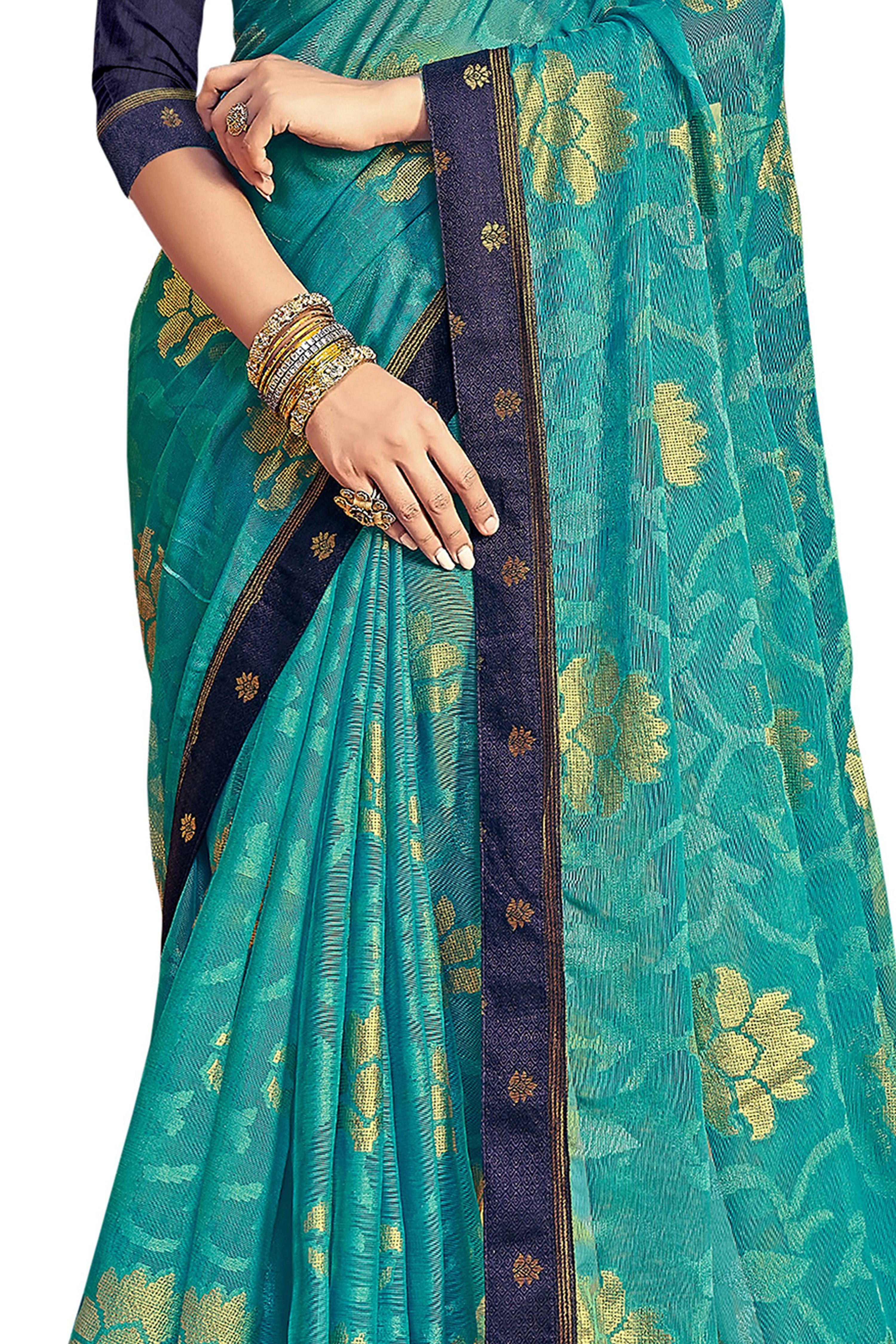 Vamika Rama Green Designer Chiffon Brasso Saree With Exclusive Banarasi Lace - Distacart