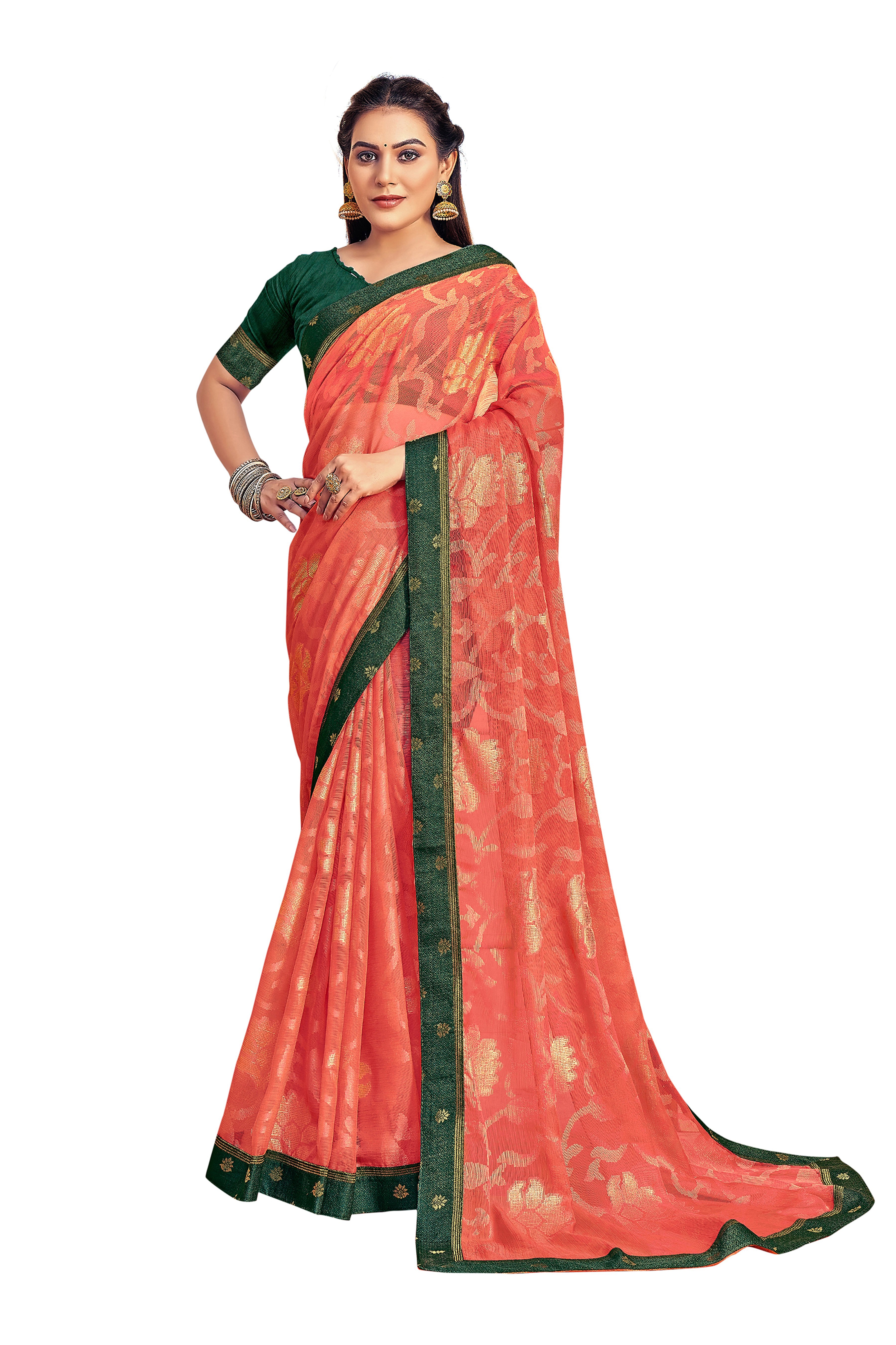 Vamika Orange Designer Chiffon Brasso Saree With Exclusive Banarasi Lace - Distacart