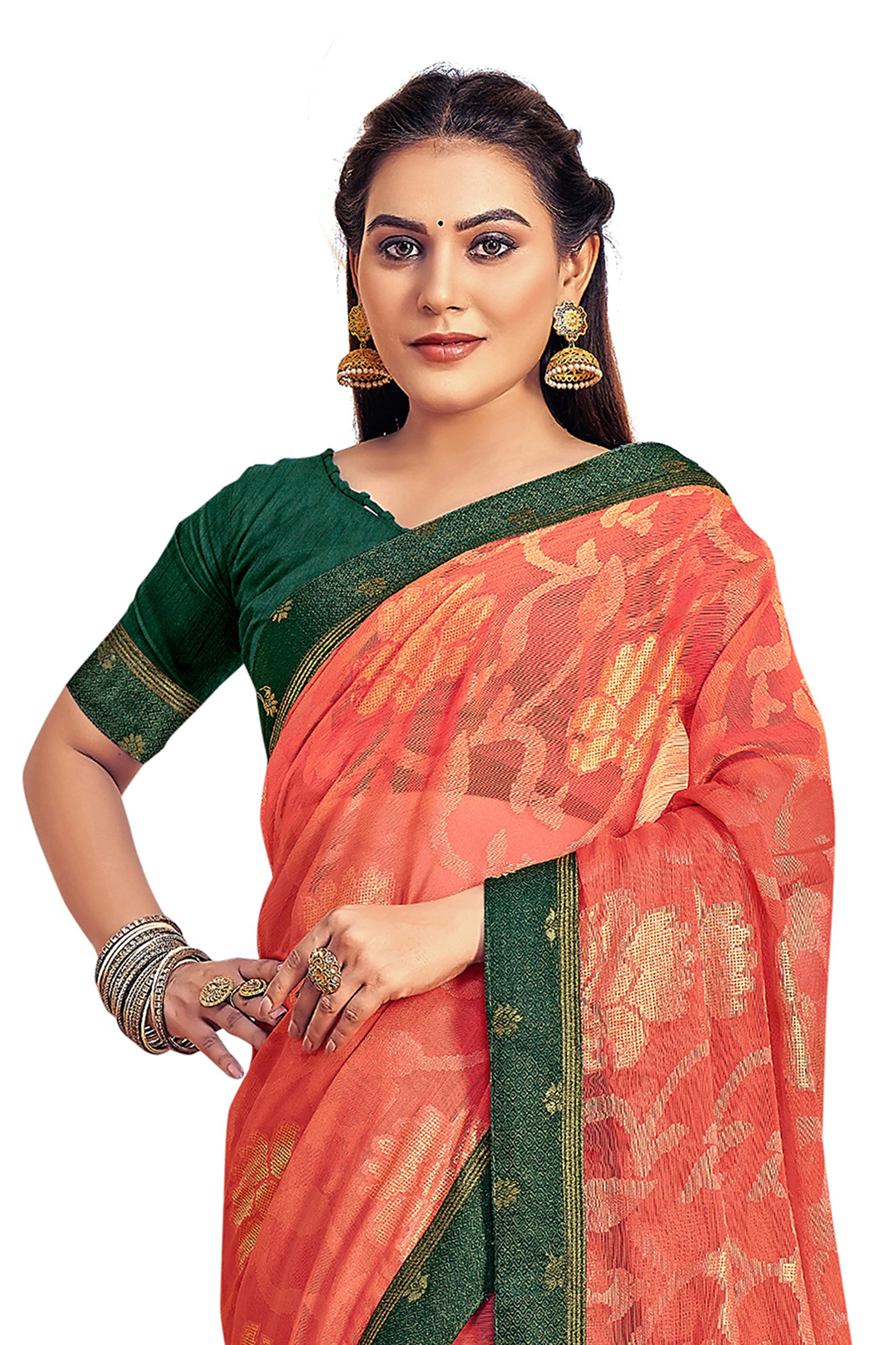 Vamika Orange Designer Chiffon Brasso Saree With Exclusive Banarasi Lace - Distacart