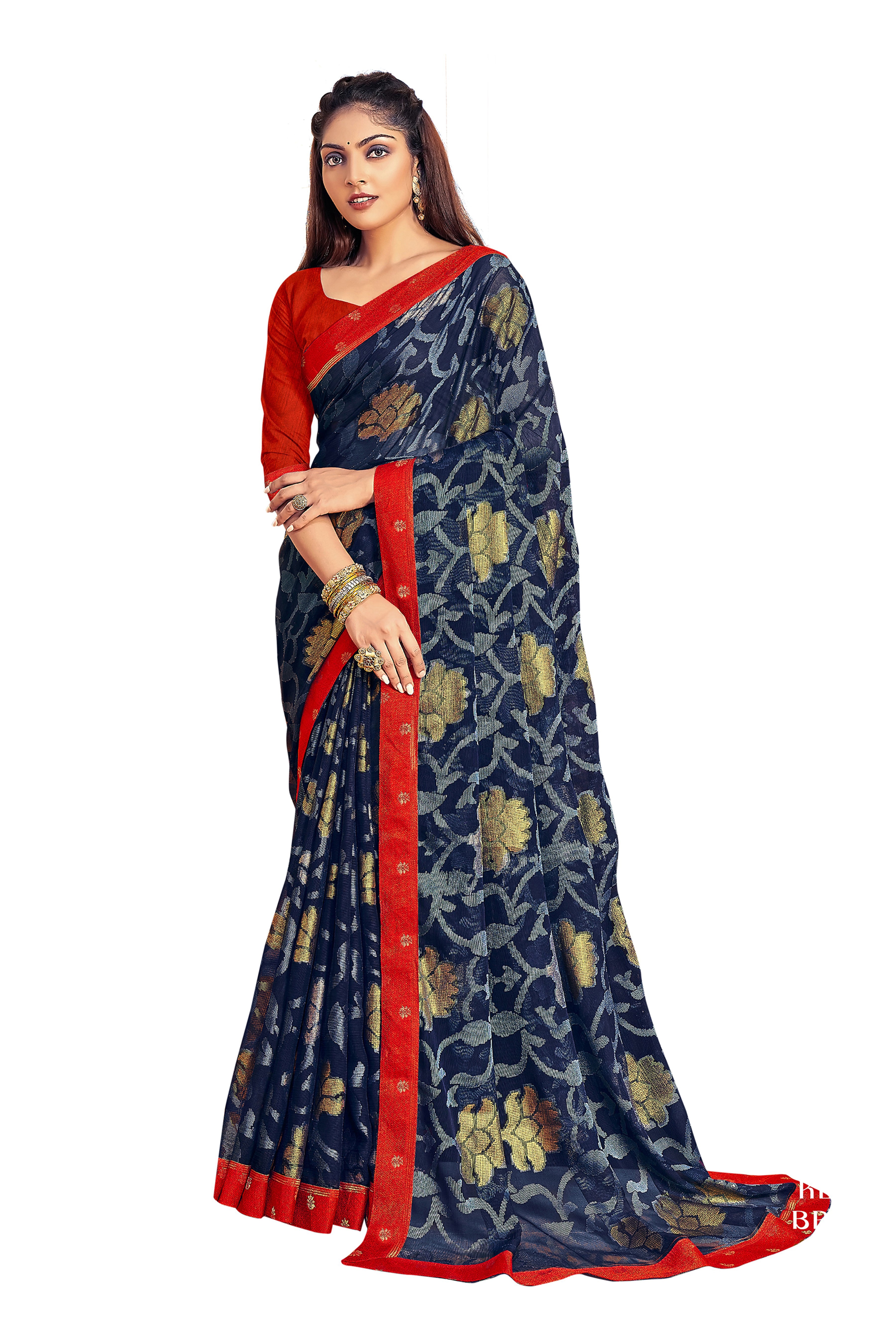 Vamika Navy Blue Designer Chiffon Brasso Saree With Exclusive Banarasi Lace - Distacart