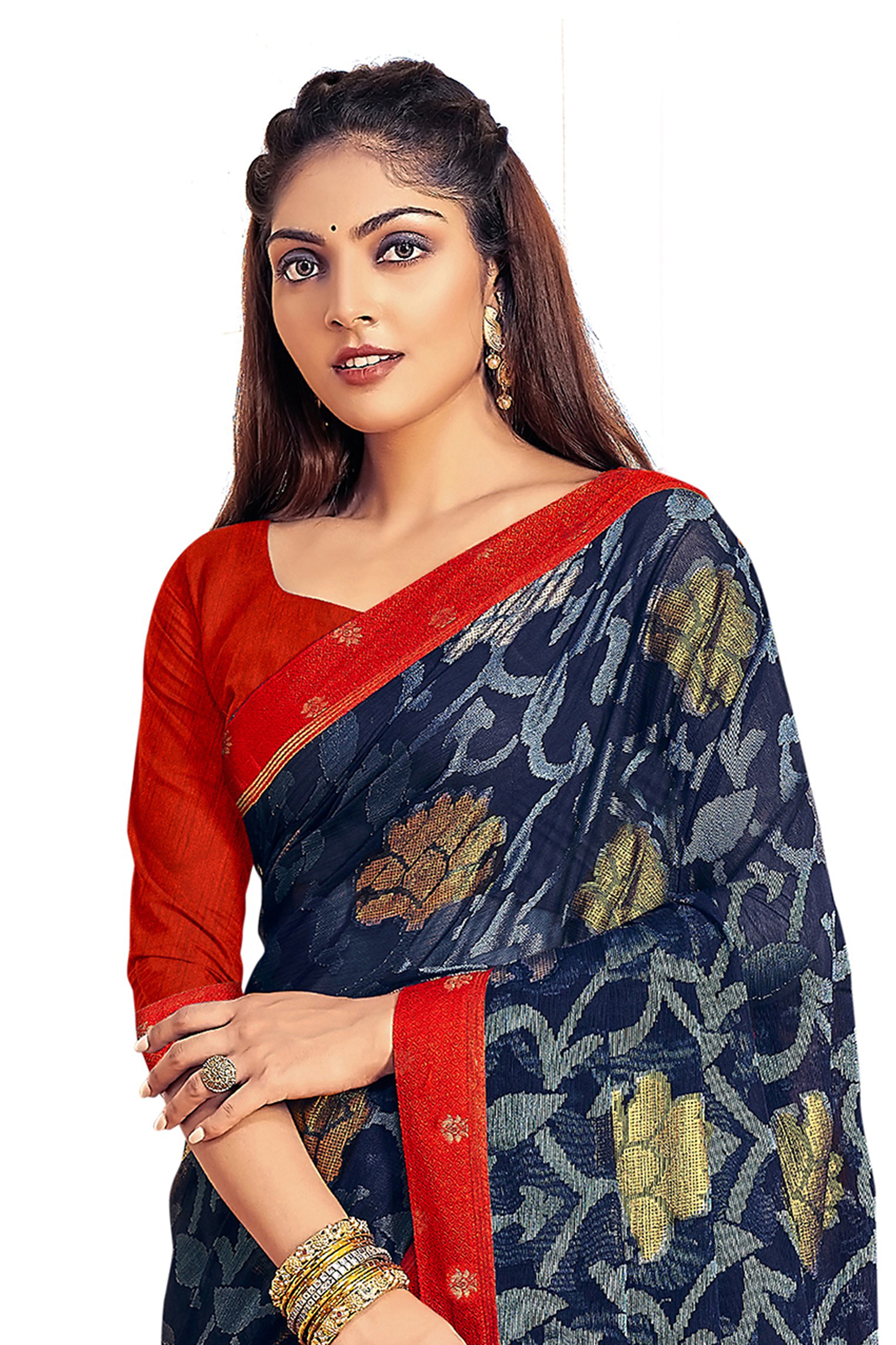 Vamika Navy Blue Designer Chiffon Brasso Saree With Exclusive Banarasi Lace - Distacart