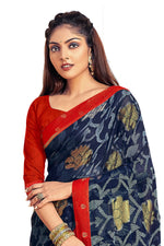 Thumbnail for Vamika Navy Blue Designer Chiffon Brasso Saree With Exclusive Banarasi Lace - Distacart