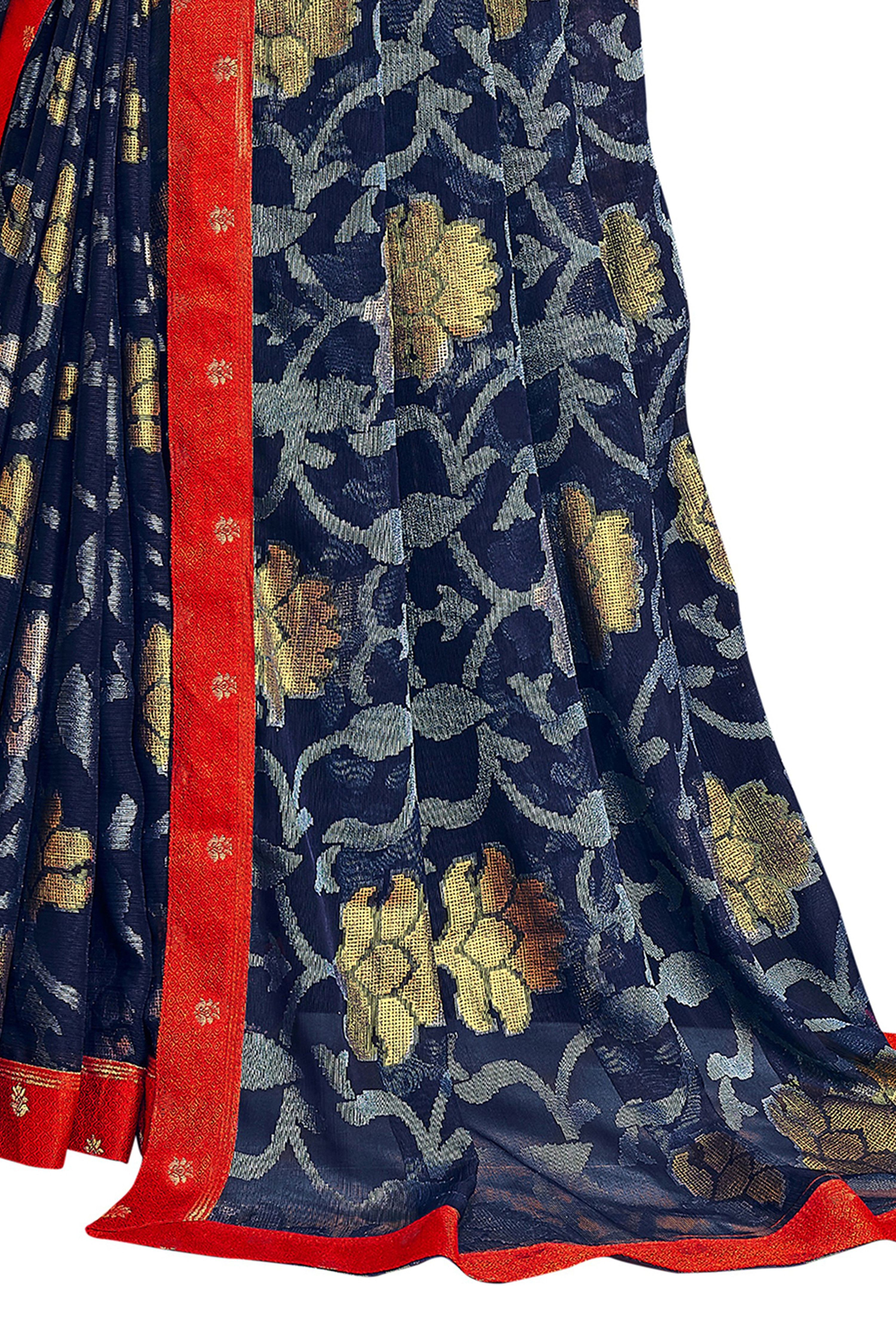 Vamika Navy Blue Designer Chiffon Brasso Saree With Exclusive Banarasi Lace - Distacart