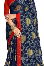 Thumbnail for Vamika Navy Blue Designer Chiffon Brasso Saree With Exclusive Banarasi Lace - Distacart