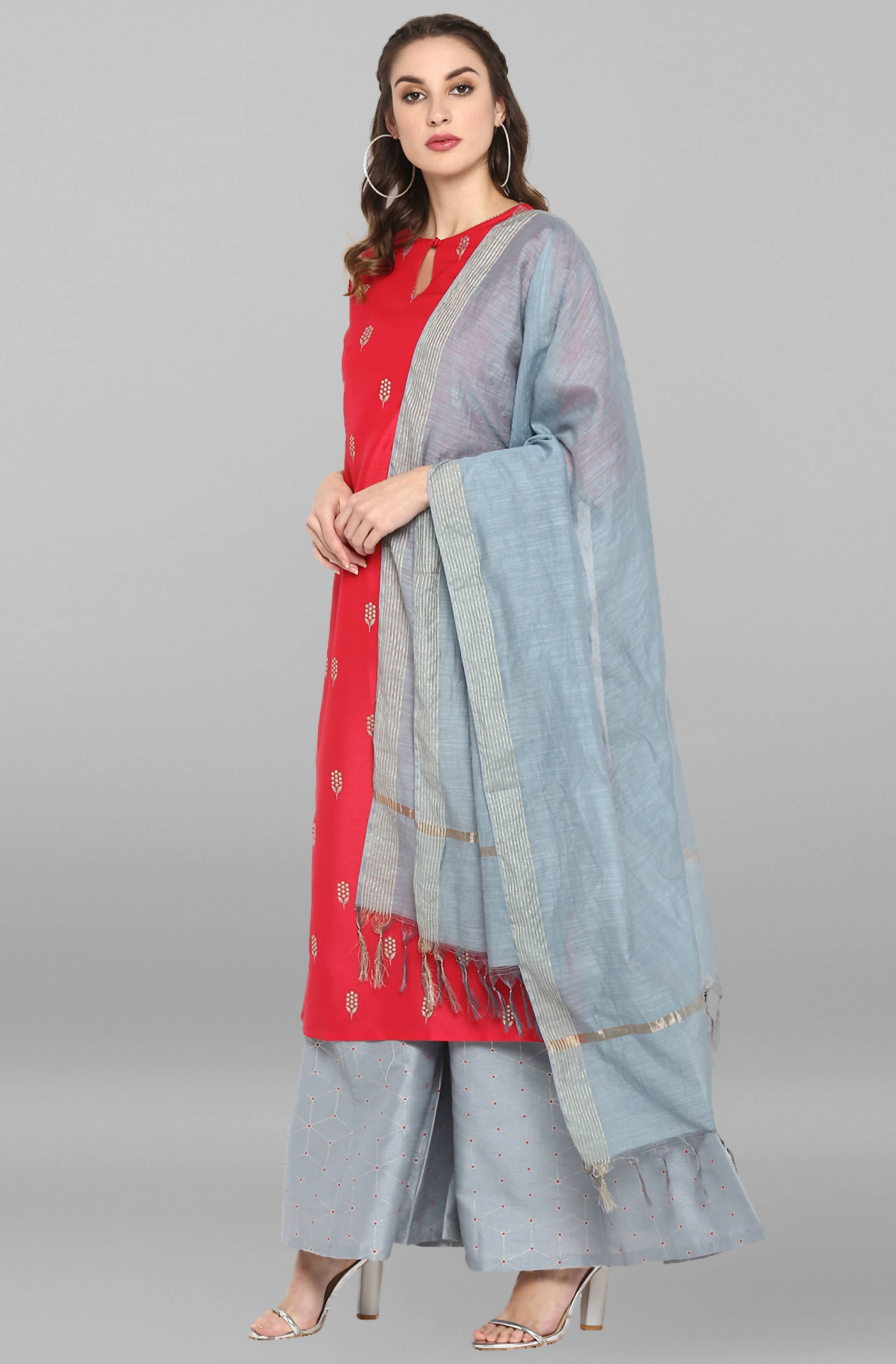 Janasya Women's Blue Cotton Floral Print Top With Palazzo - Distacart