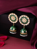 Thumbnail for NVR Women Gold Plated Green Dome Shaped Meenkari Jhumkas Earrings - Distacart