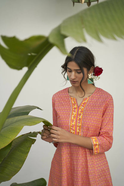 Peach Cotton Floral Printed A line Kurta - Prasuti - Distacart