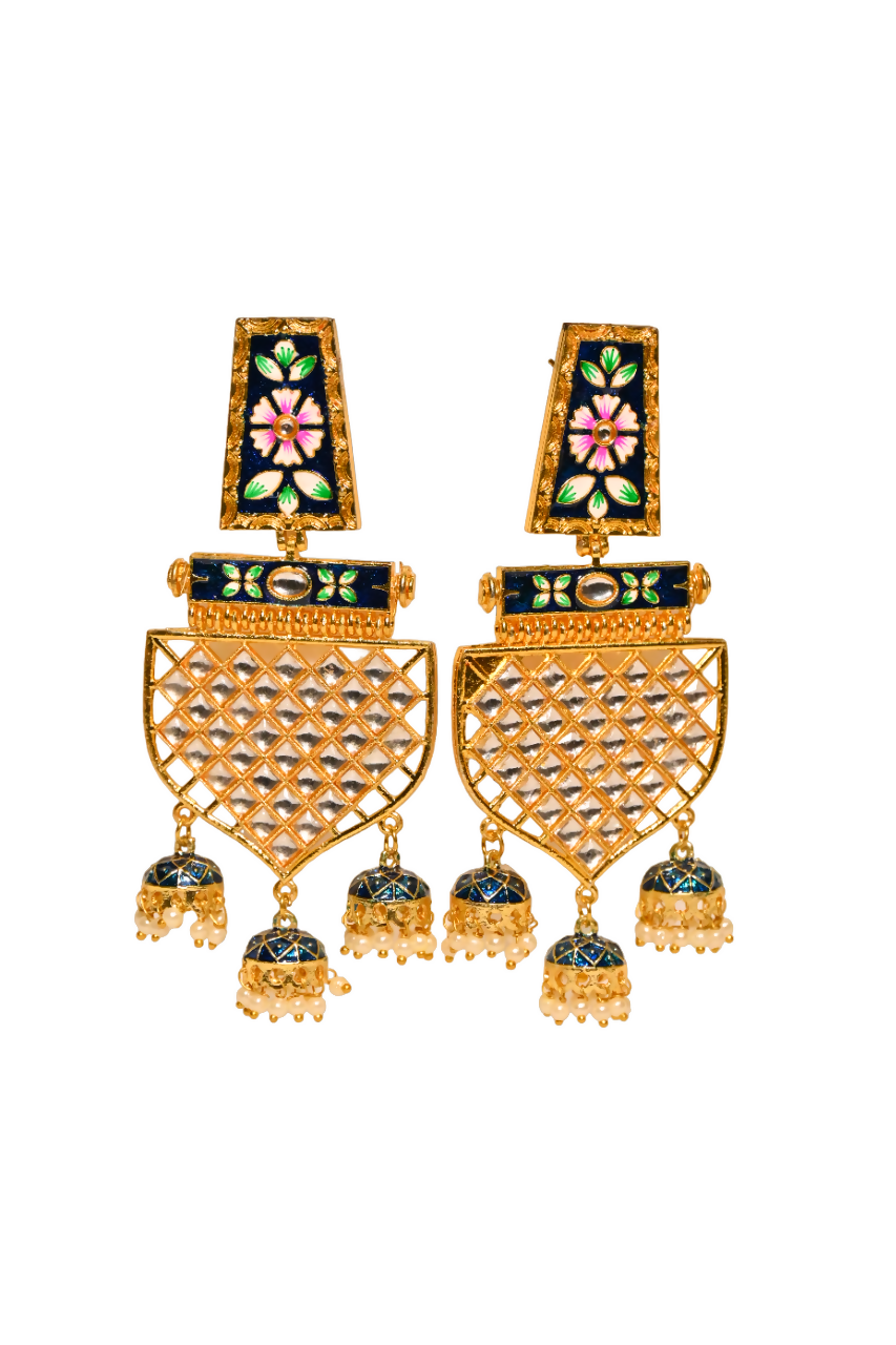 Traditional Gold-Plated Meenakari Blue Jhumka Jhumki Earrings By House of Ree - Distacart