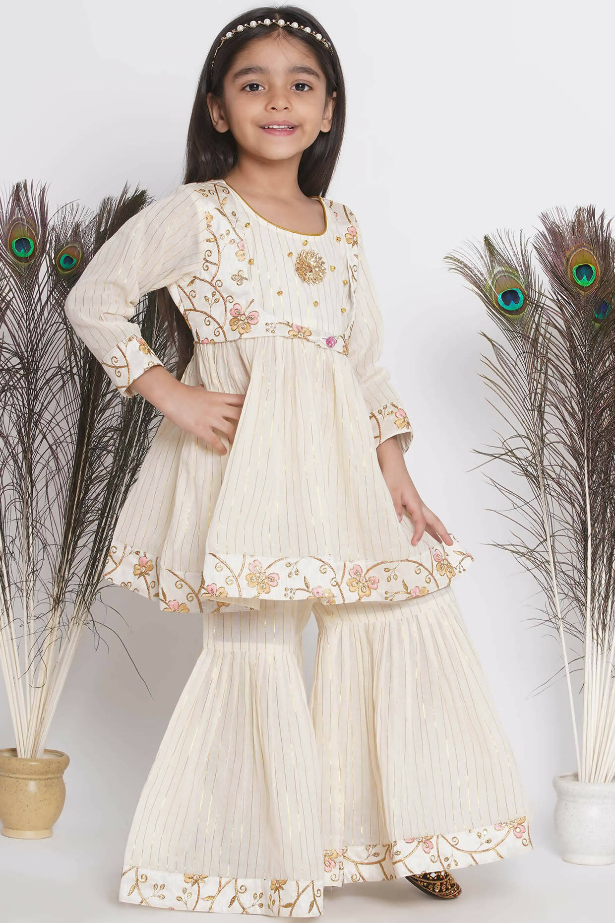 Little Bansi Floral Embroidery Jacket With Cotton Lurex Frock Sharara And Dupatta With Ghungroo Handwork - Cream - Distacart