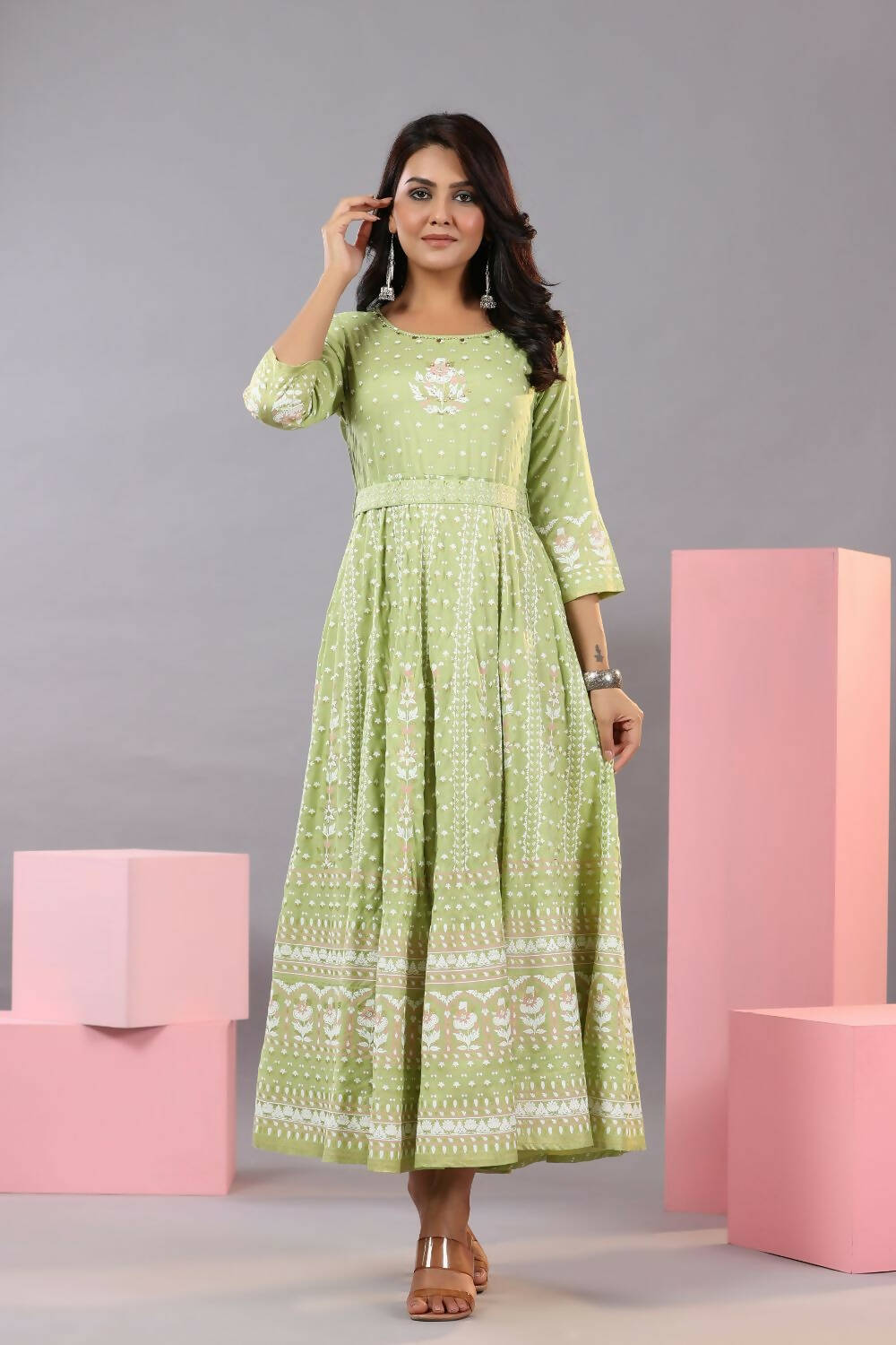 Juniper Women Green Rayon Staple Printed Maxi Dress - Distacart