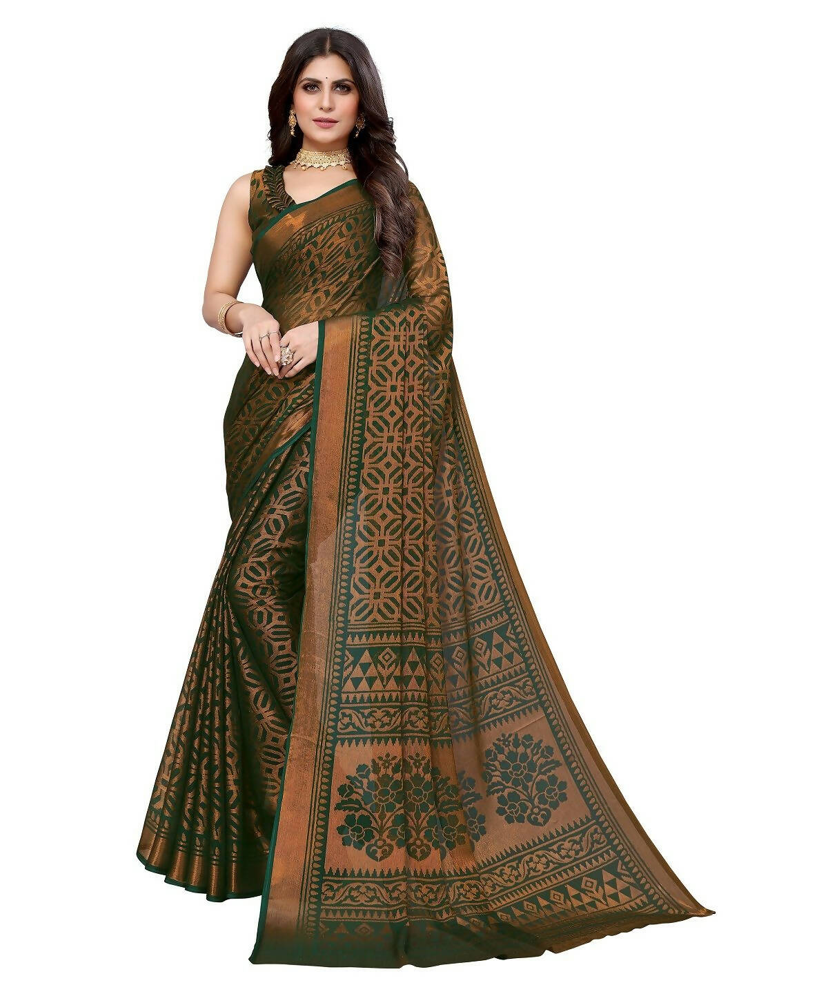 Vamika Green Chiffon Brasso Bollywood Style Woven Saree (BARKHA GREEN) - Distacart