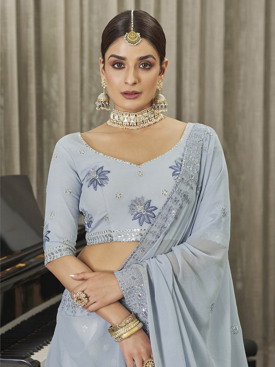 Myra White & Sky Multicolour Georgette Embroidered Designer Lehenga Choli - Distacart