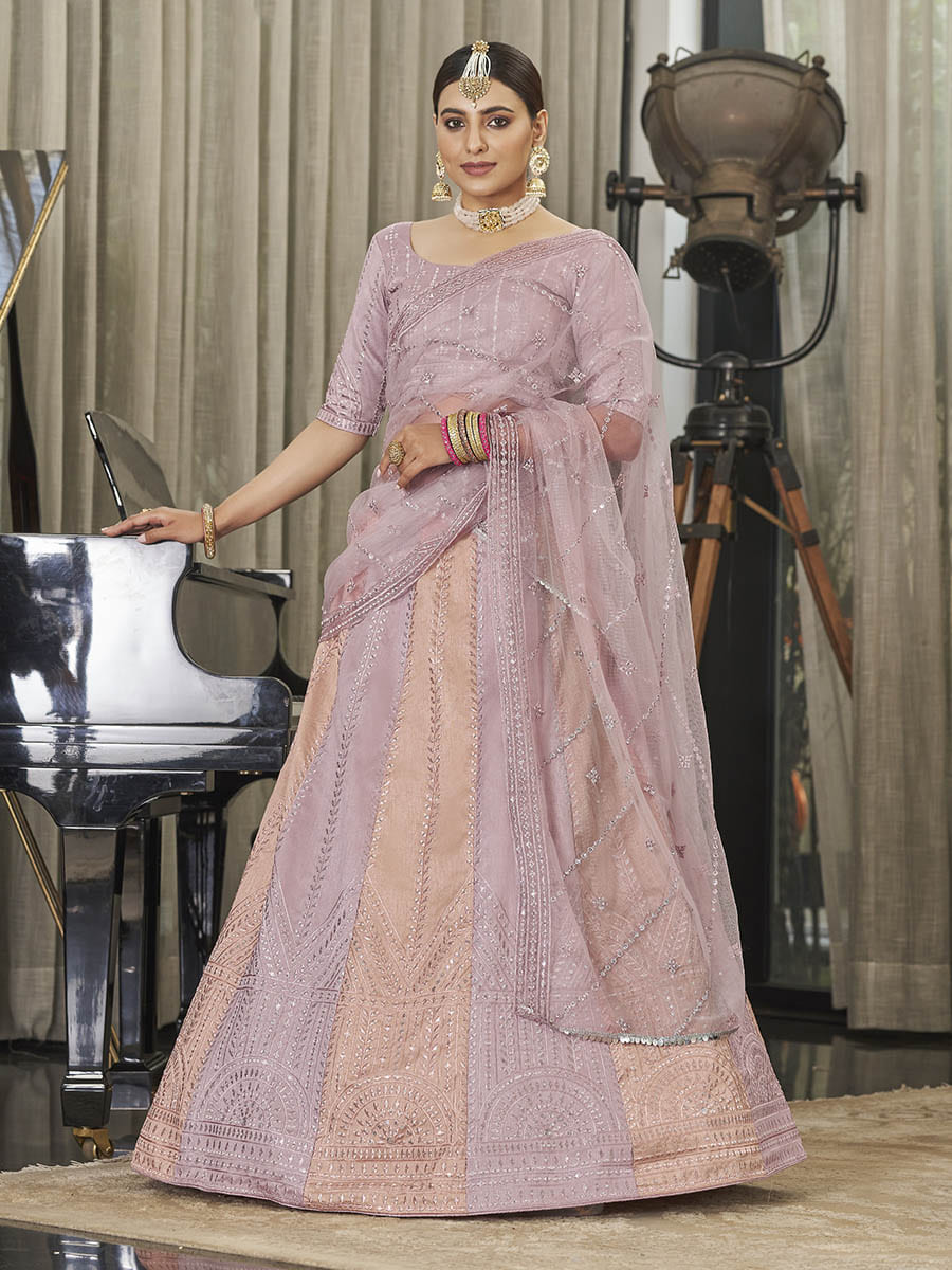 Myra Pink & Peach Multicolour Art Silk Embroidered Designer Lehenga Choli - Distacart