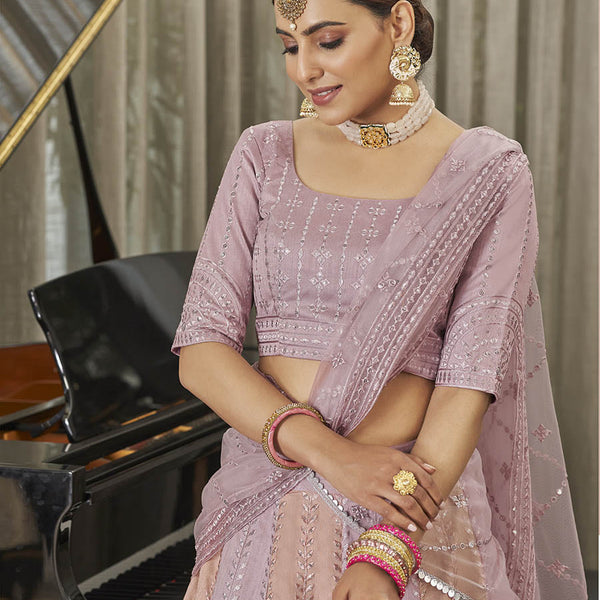 Myra Pink & Peach Multicolour Art Silk Embroidered Designer Lehenga Choli - Distacart