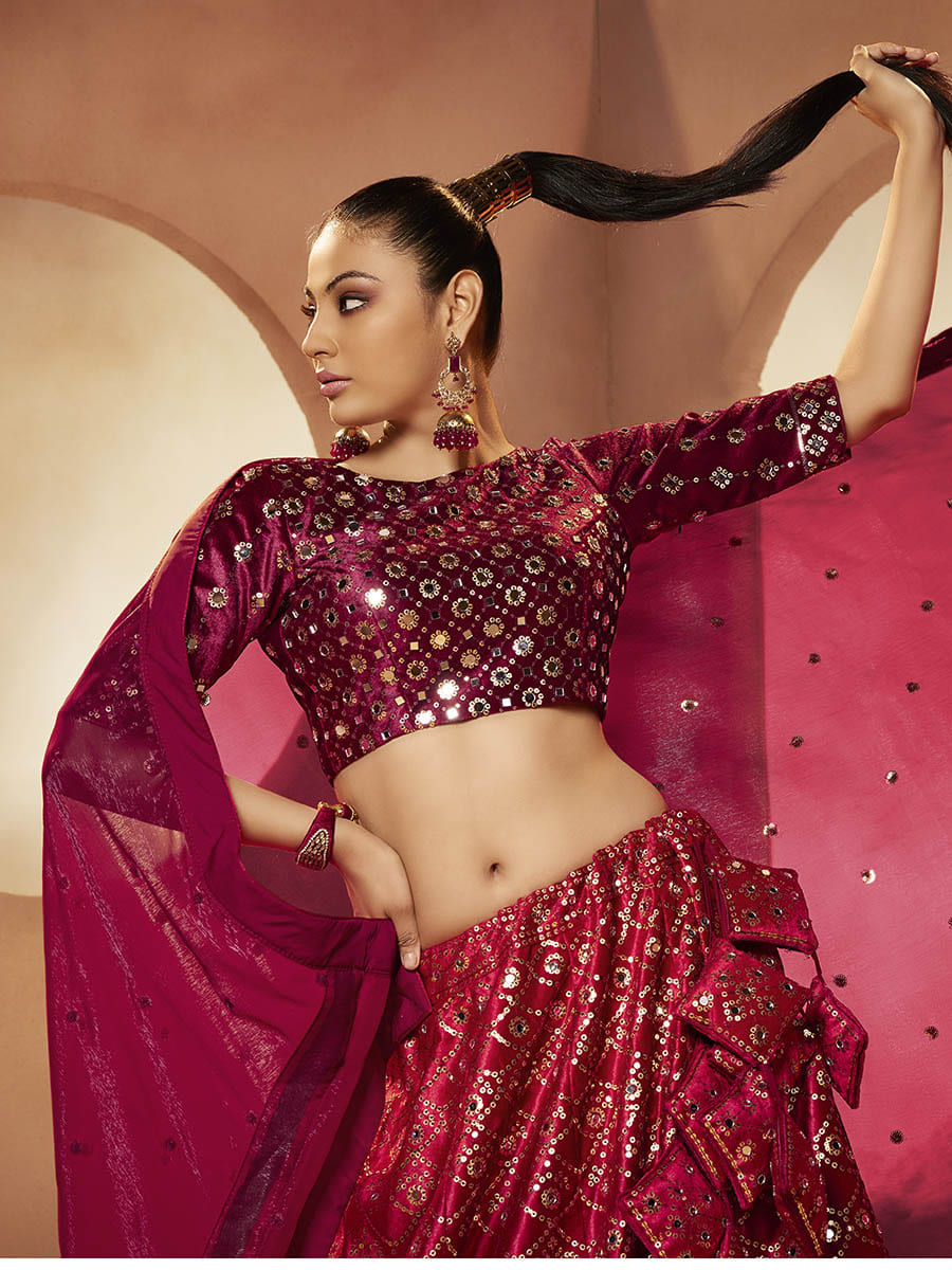 Myra Magenta Velvet Embroidered Designer Lehenga Choli - Distacart