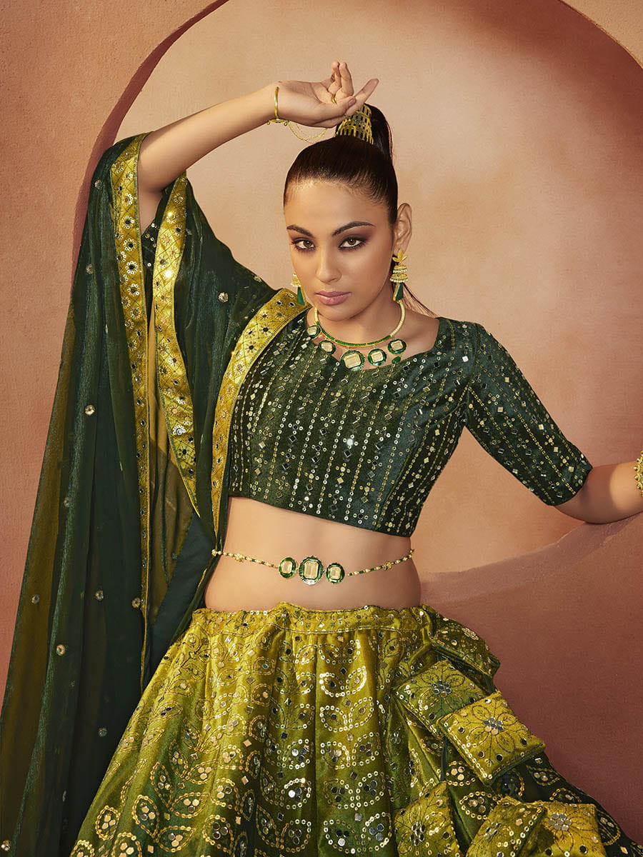 Myra Green Velvet Embroidered Designer Lehenga Choli - Distacart