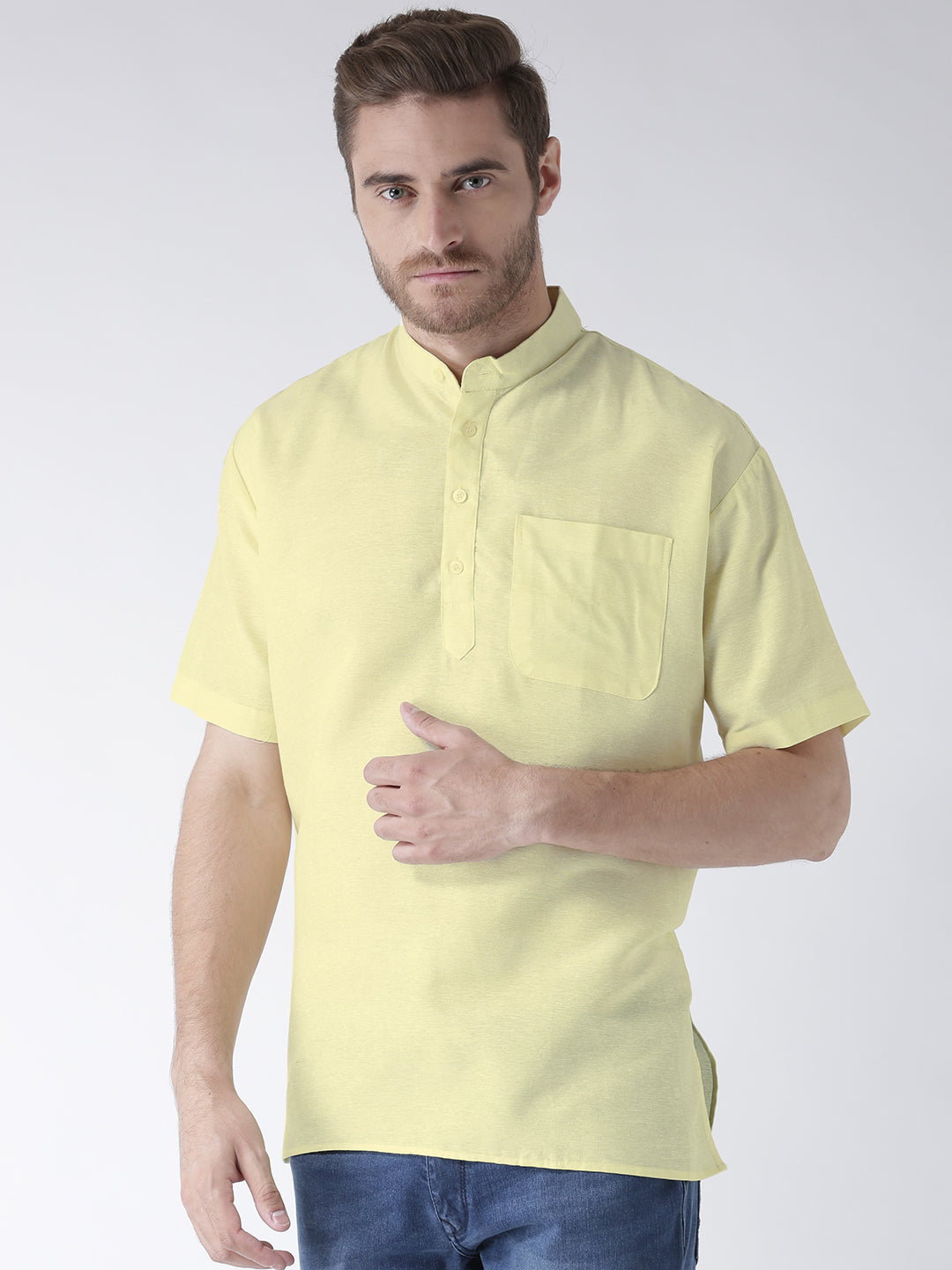 RIAG Men's Yellow Cotton Short Ethnic Kurta - Distacart