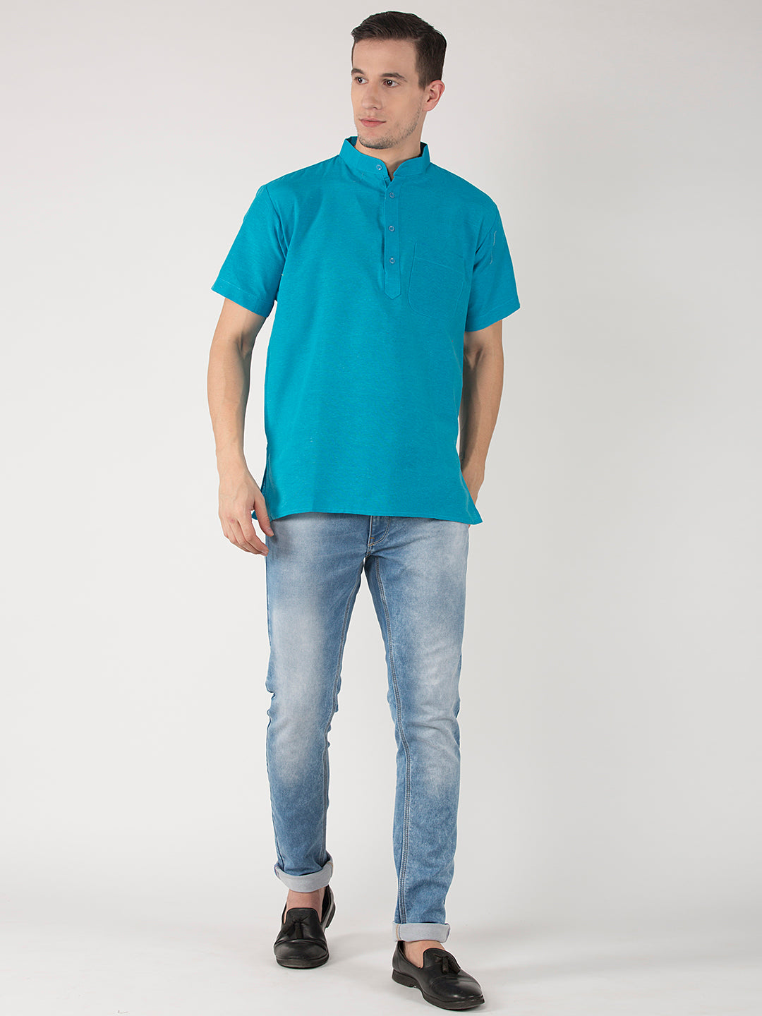 RIAG Men's Blue Cotton Short Ethnic Kurta - Distacart