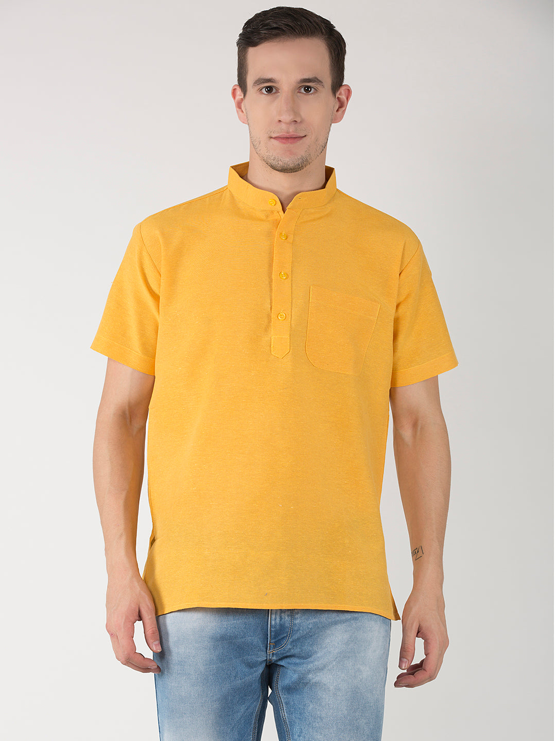 RIAG Men's Yellow Cotton Short Ethnic Kurta - Distacart