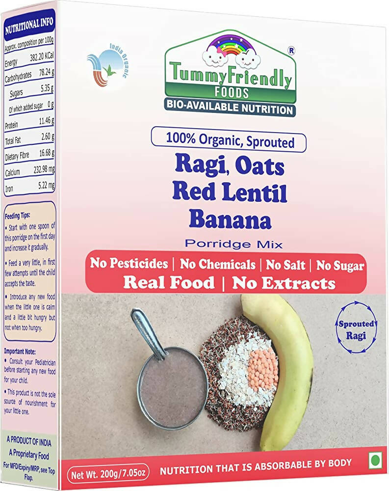 TummyFriendly Foods Organic Sprouted Ragi, Oats, Red Lentil, Banana Porridge Mix - Distacart