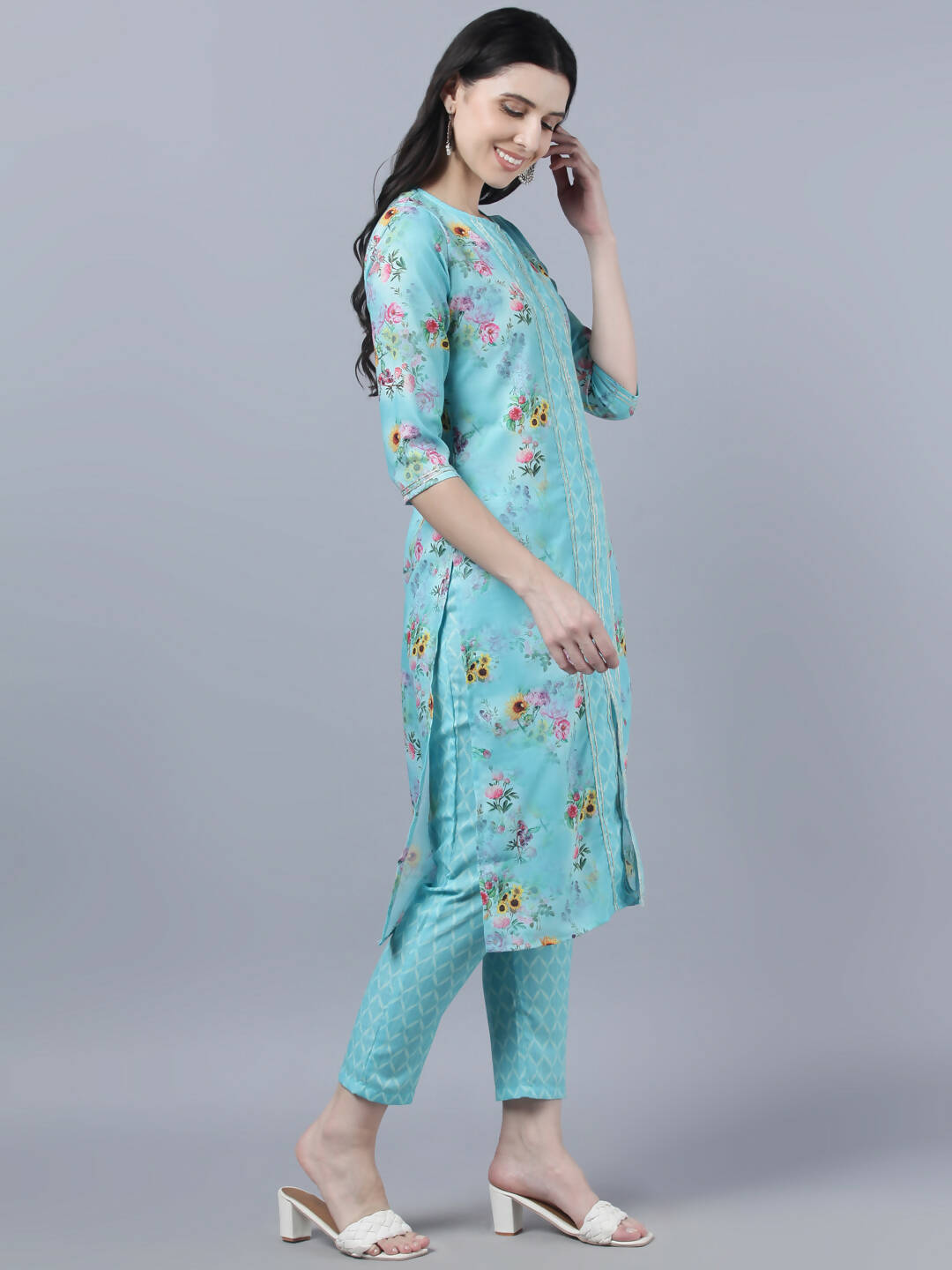Myshka Women Blue Yellow Printed Kurta with Trousers - Distacart