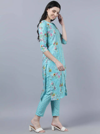 Myshka Women Blue Yellow Printed Kurta with Trousers - Distacart