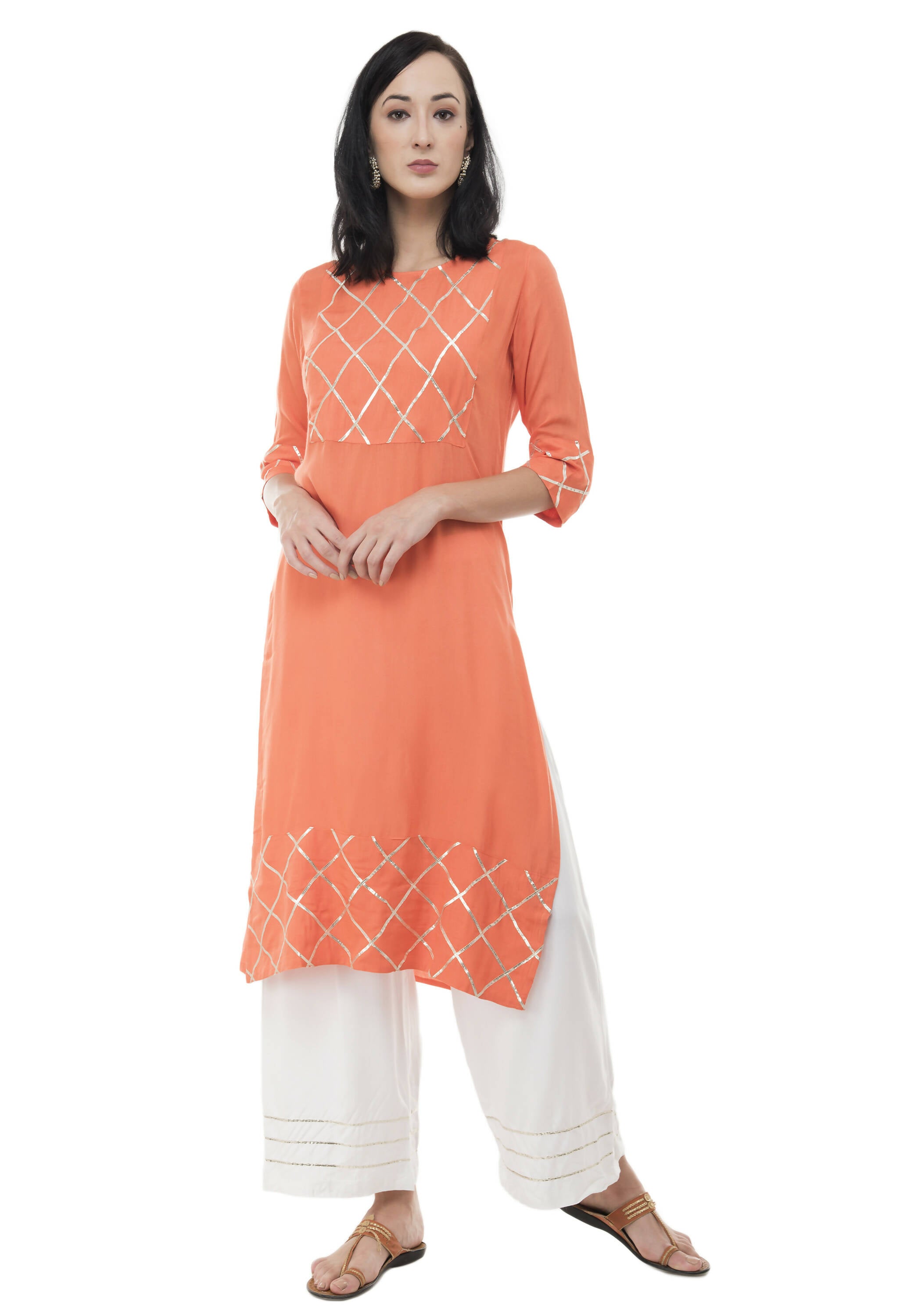 Women's Peach Kurti With Gota Work At Front, With Plain Palazzo - G & A Apparels - Distacart