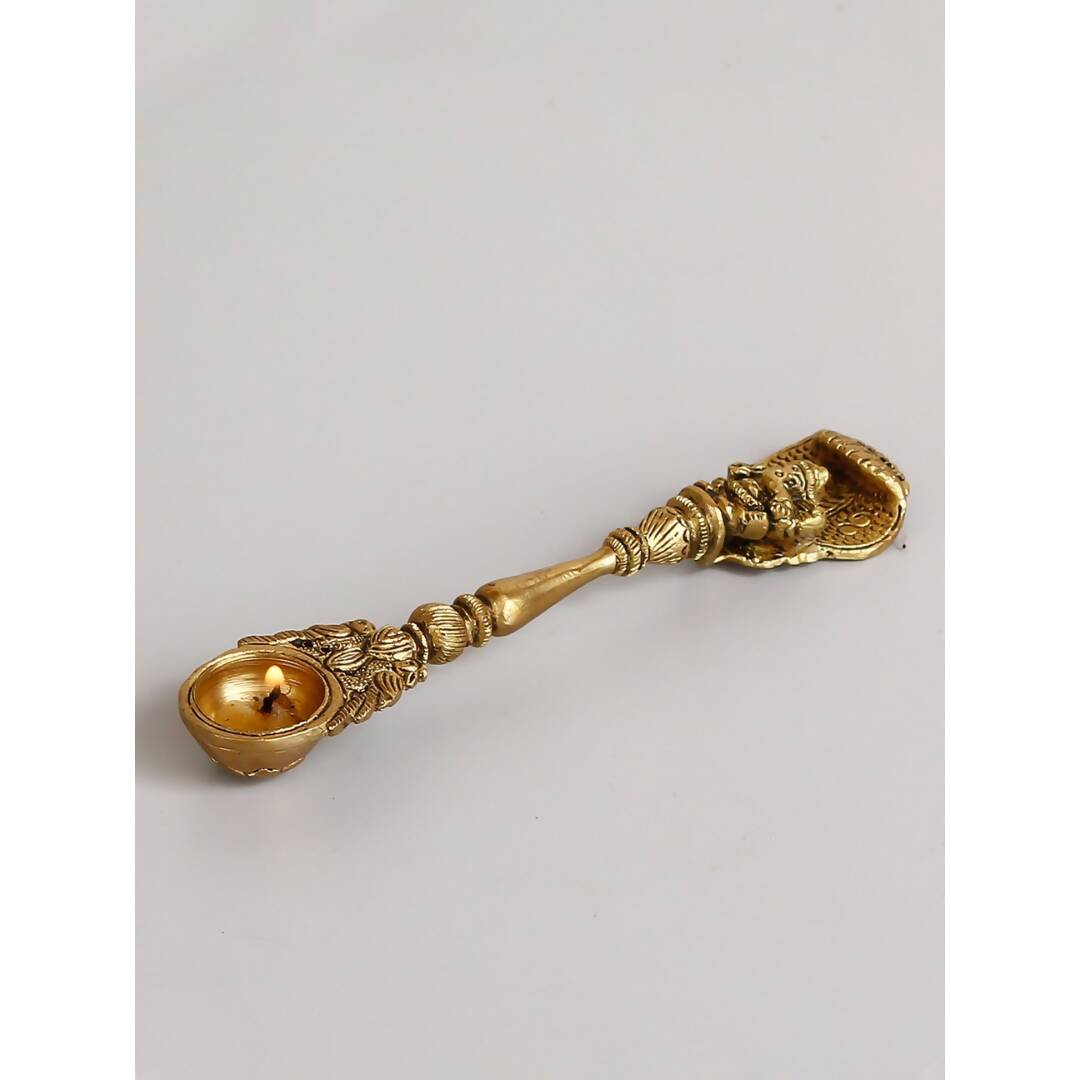 eCraftIndia Gold-Toned Ethnic Carved Brass Long Stick Diya with 1 Wick for Pooja Room - Distacart