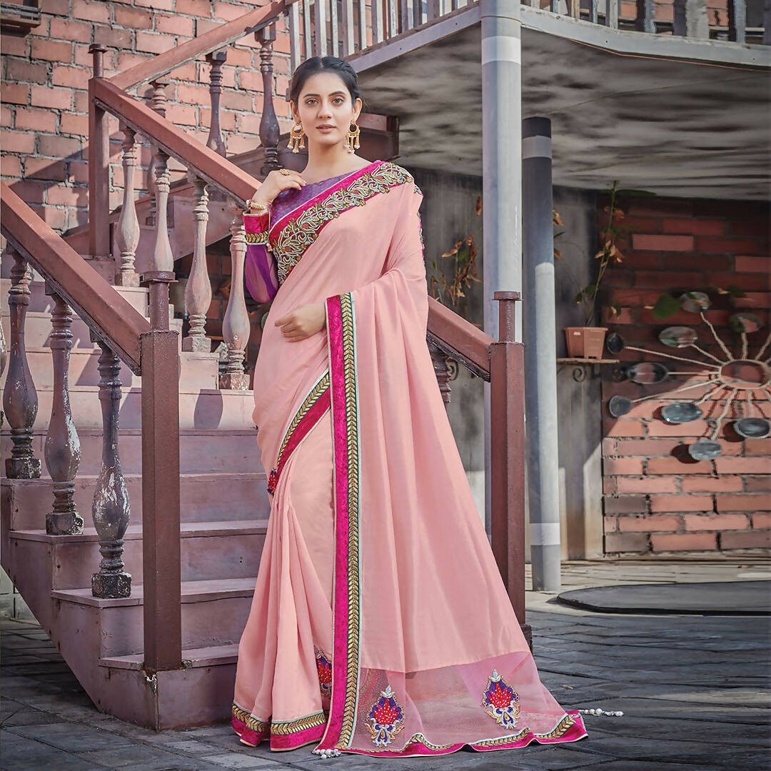 Pink Colored Silk Georgette Embroidered Saree With Blouse - Norita Royal Adveka - Distacart
