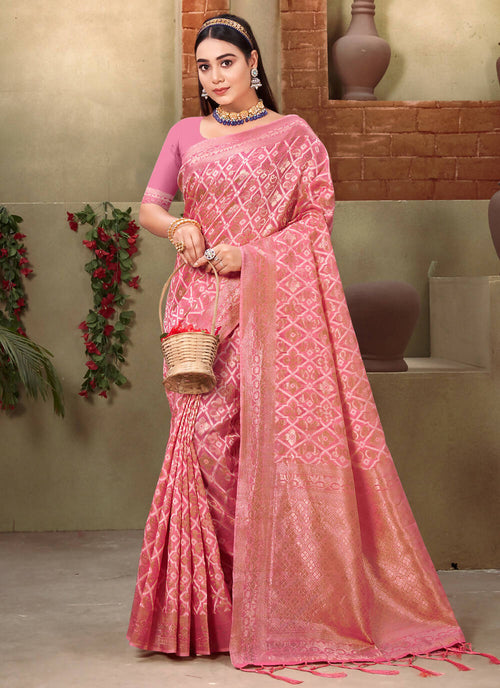 Pink Cotton Zari Woven Design Saree with Unstitched Blouse Piece - Aachal - Distacart