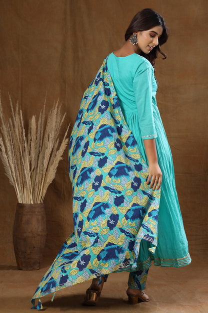 Kaajh Women's Turquoise Floral Print Anarkali Suit Set - Distacart