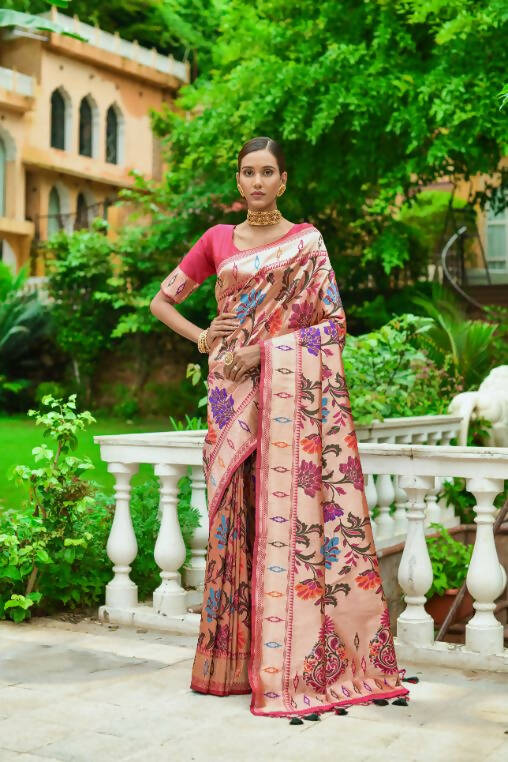 Vishnu Weaves Women's Gajri Paithani Silk Zari Woven Saree with Unstitched Blouse - Distacart