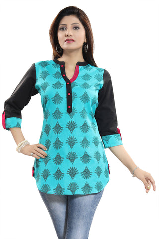 Snehal Creations Luscious Light Rama Cotton Printed Tunic Top With Roll On Sleeves - Distacart