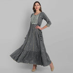 Thumbnail for Juniper Grey Rayon Festive Wear Embroidered Tiered Long Dress - Distacart