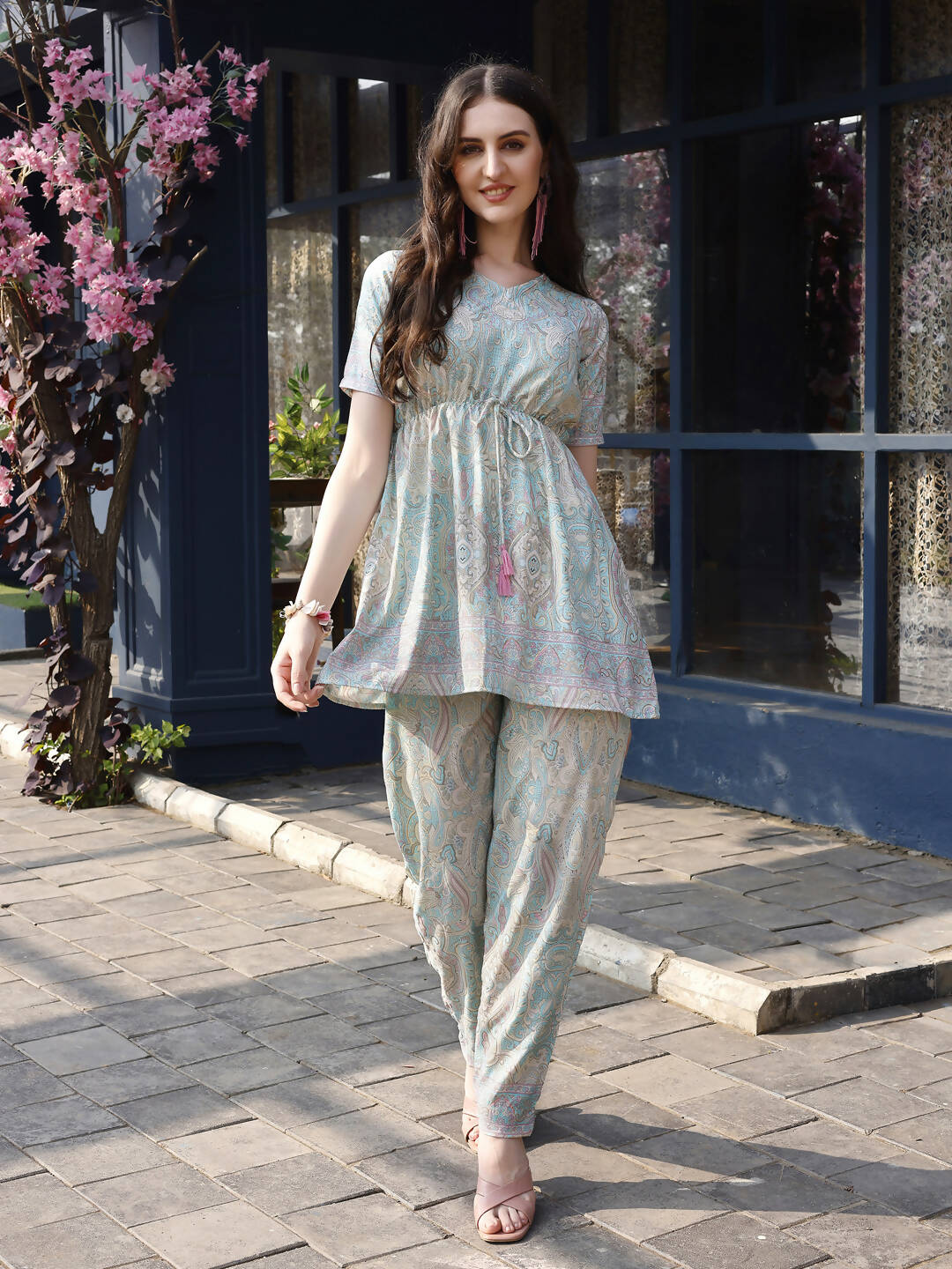 Sky Blue Rayon Paisley & Floral Printed Top with Matching Bottom - Eesha - Distacart