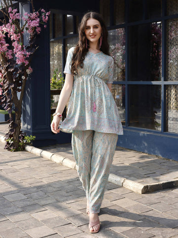Sky Blue Rayon Paisley & Floral Printed Top with Matching Bottom - Eesha - Distacart