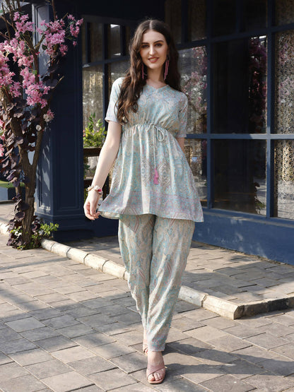 Sky Blue Rayon Paisley & Floral Printed Top with Matching Bottom - Eesha - Distacart